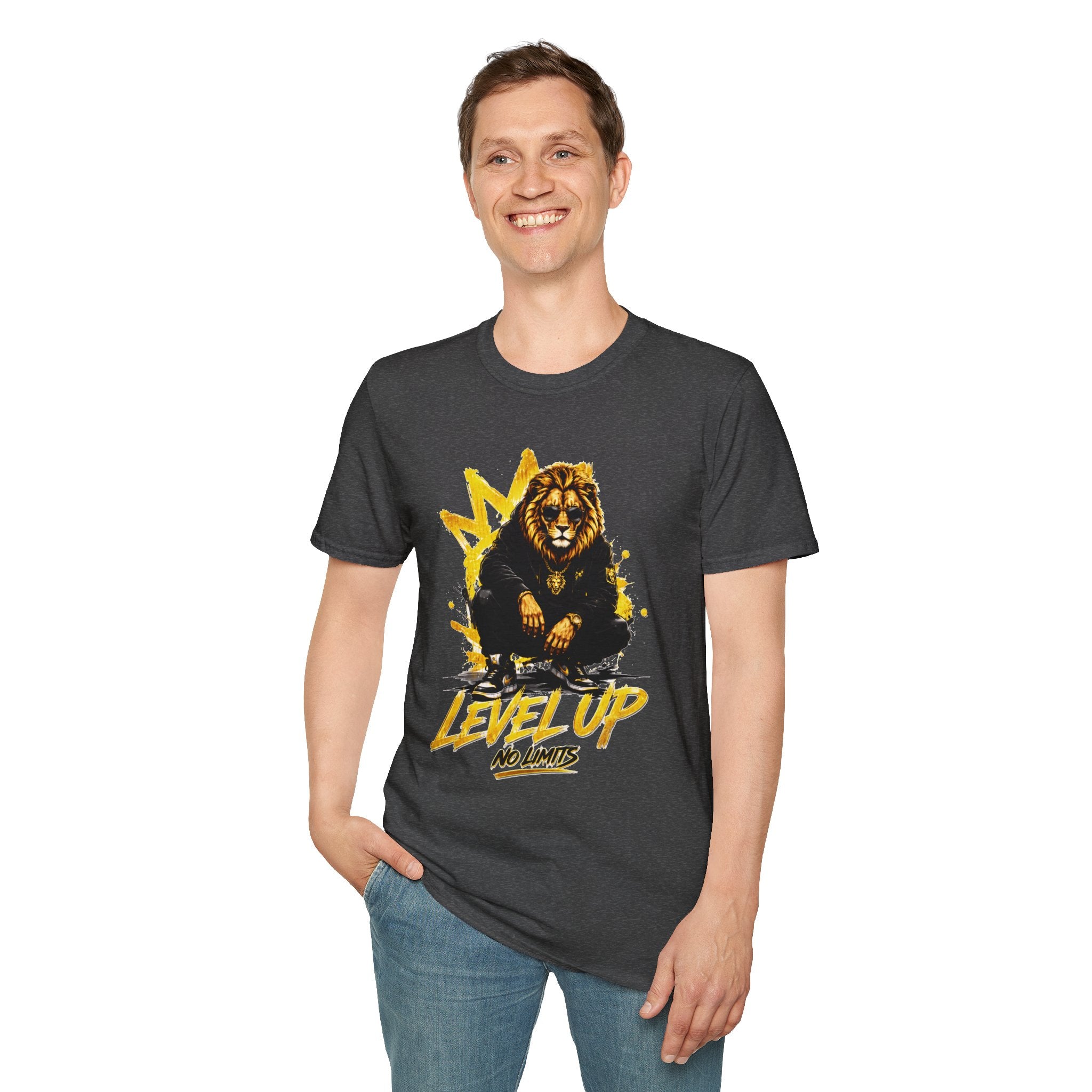 Lion 'Level Up No Limits' T-Shirt — Motivational Graphic Tee for Ambitious Souls