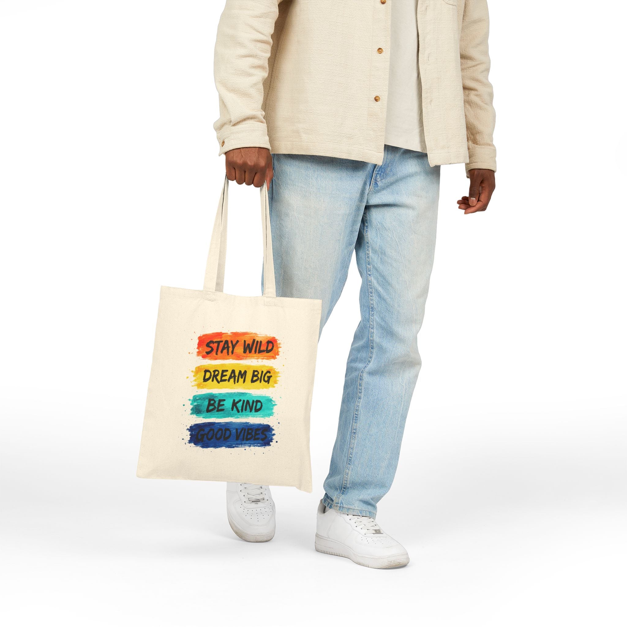 Canvas Tote Bag – ‘Stay Wild, Dream Big, Be Kind, Good Vibes’ Inspirational Quote