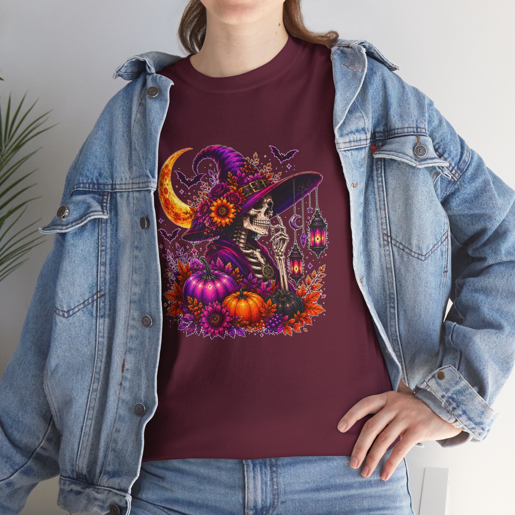Halloween Witch Skeleton T-Shirt, Spooky Pumpkin Moon Tee, Gothic Fall Graphic Shirt, Halloween Gift for Her