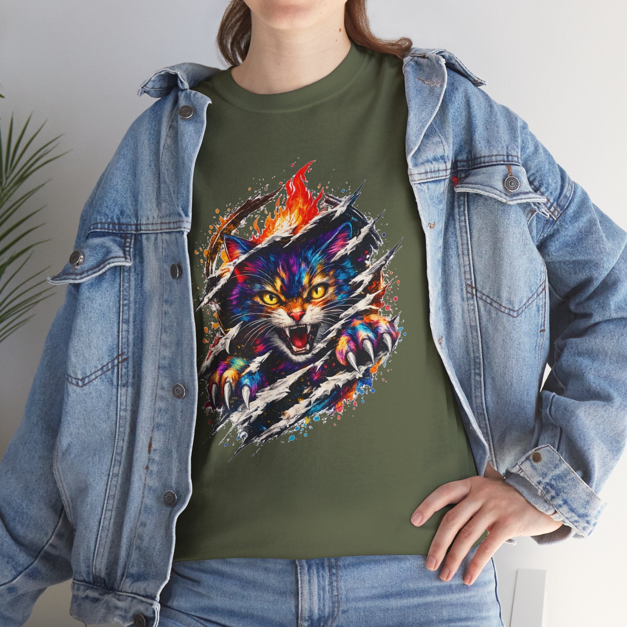 Colorful Angry Cat Rip Through Graphic Tee | Neon Cat T-Shirt | Unisex Streetwear Shirt | Fierce Cat Art | Gift for Cat Lovers