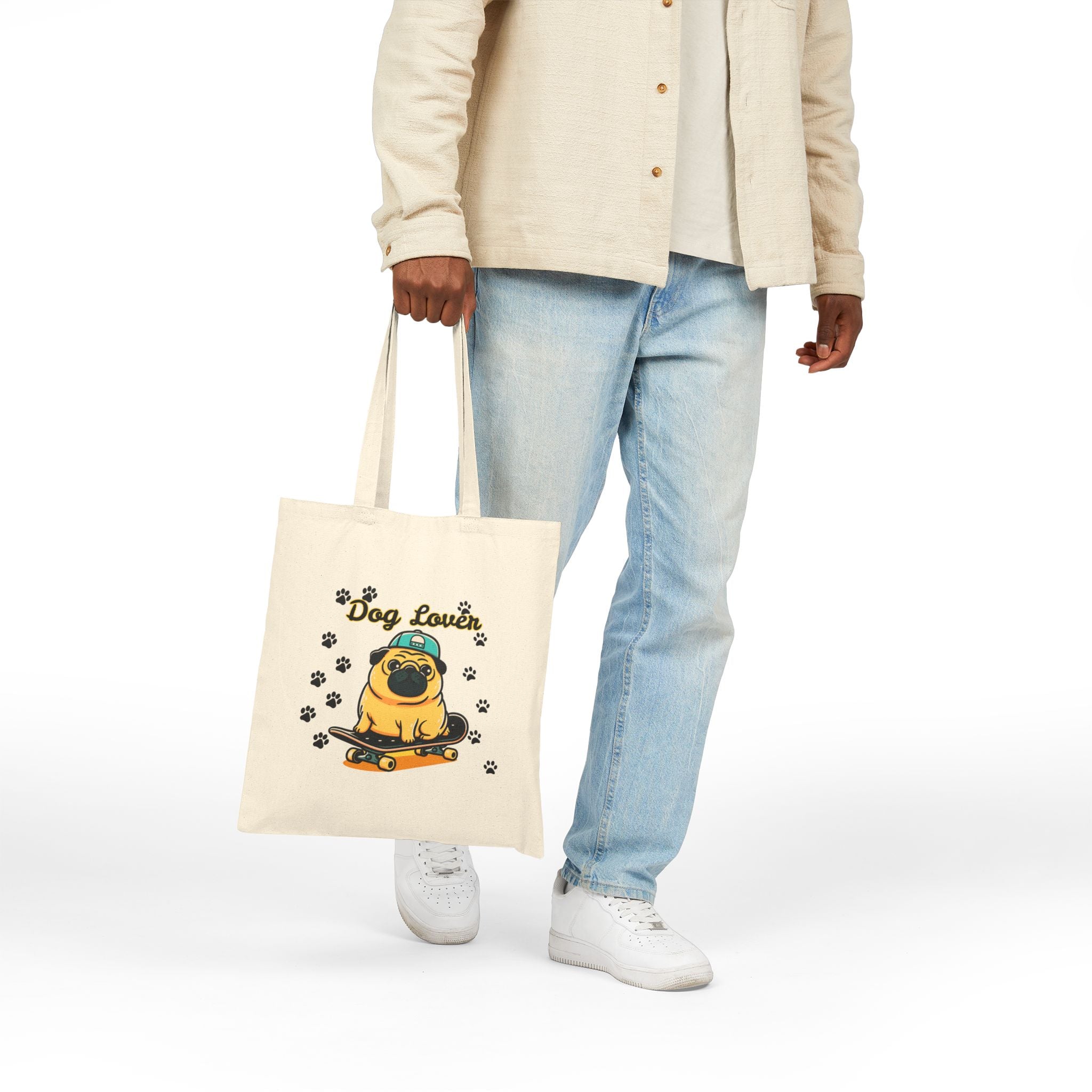 Dog Lover Tote Bag — Cute Pug on Skateboard Canvas Tote