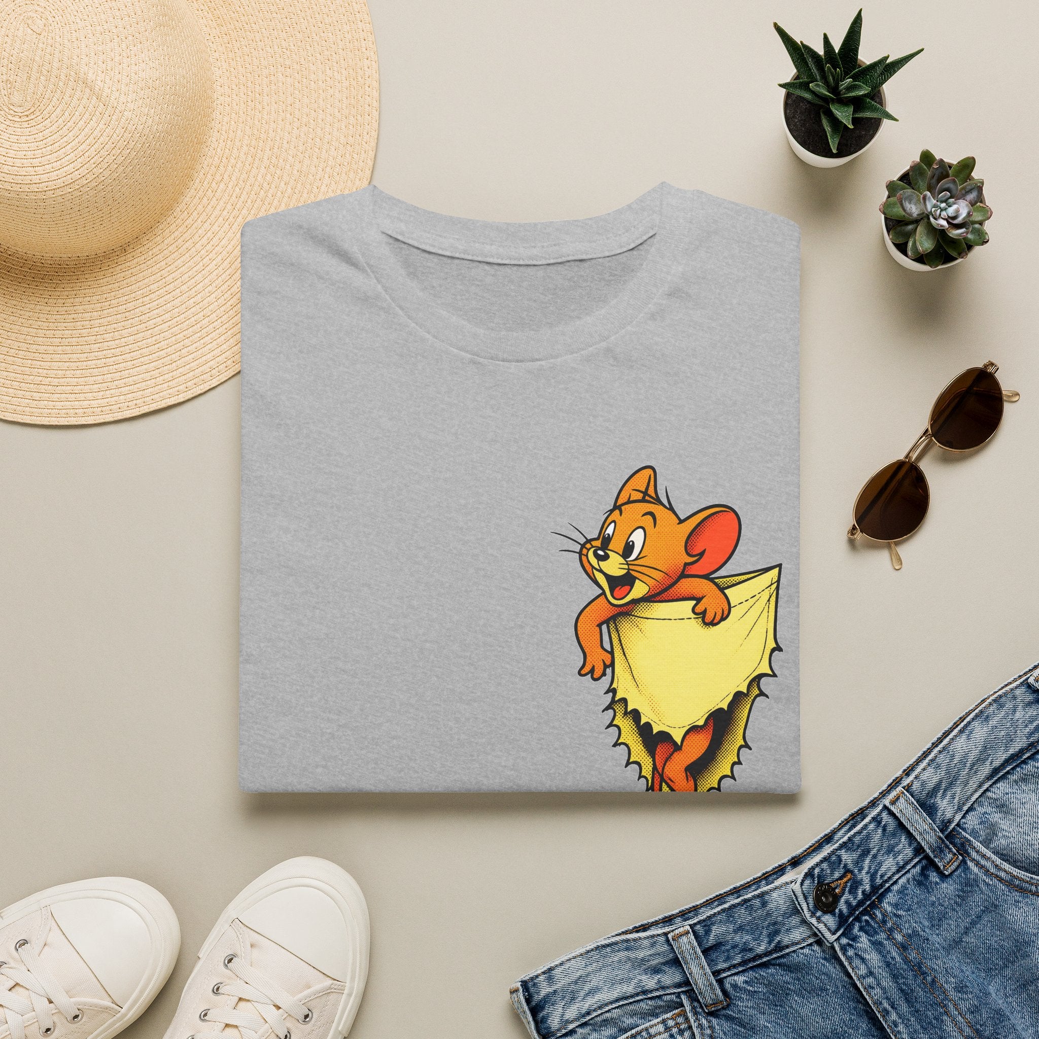 Jerry Pocket Tee — Cute Cartoon Mouse Peeking From Cheese T-Shirt