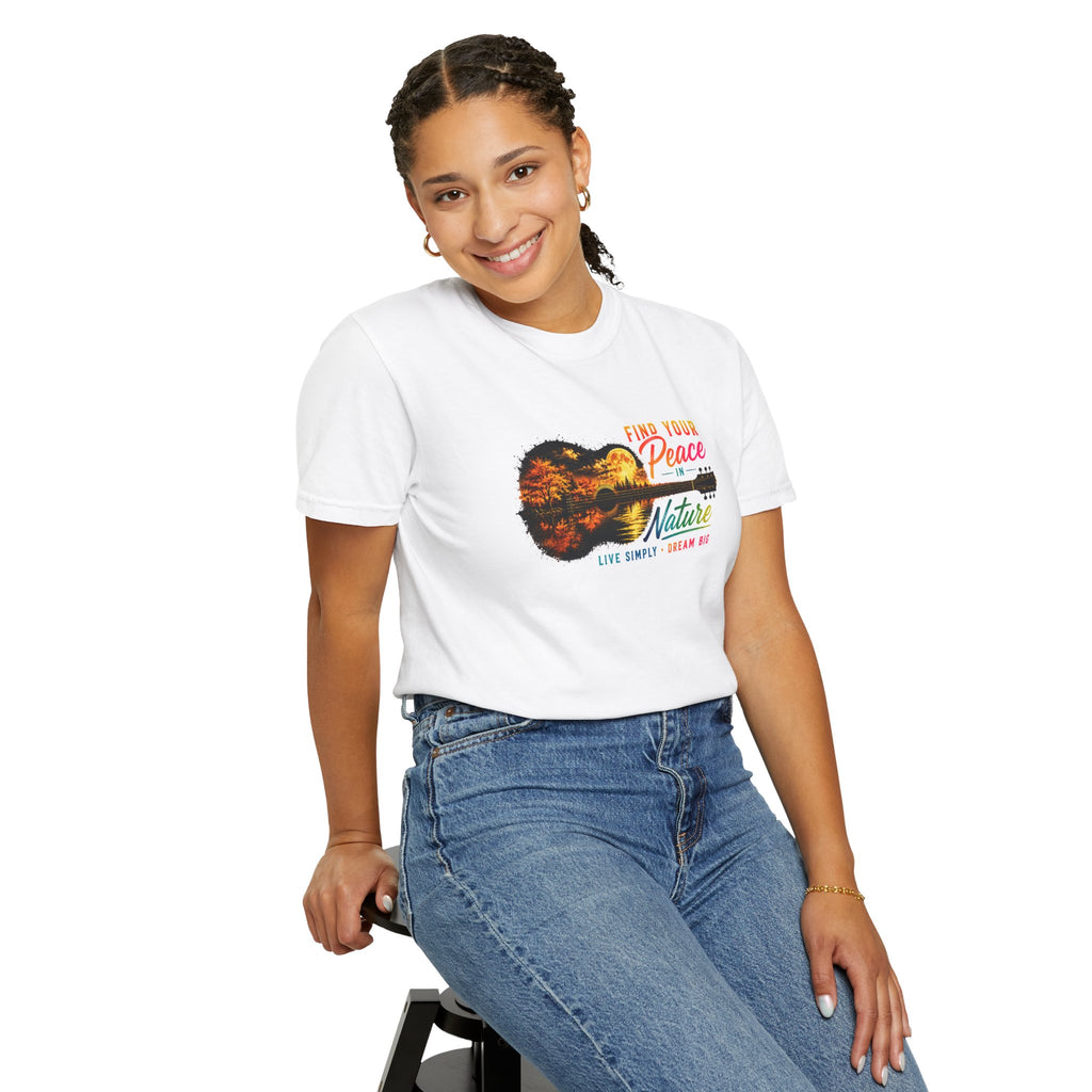 Acoustic Guitar Nature T-Shirt, Find Your Peace in Nature Tee, Music Lover Gift, Camping Shirt, Outdoor Graphic Tee, Hiking Shirt