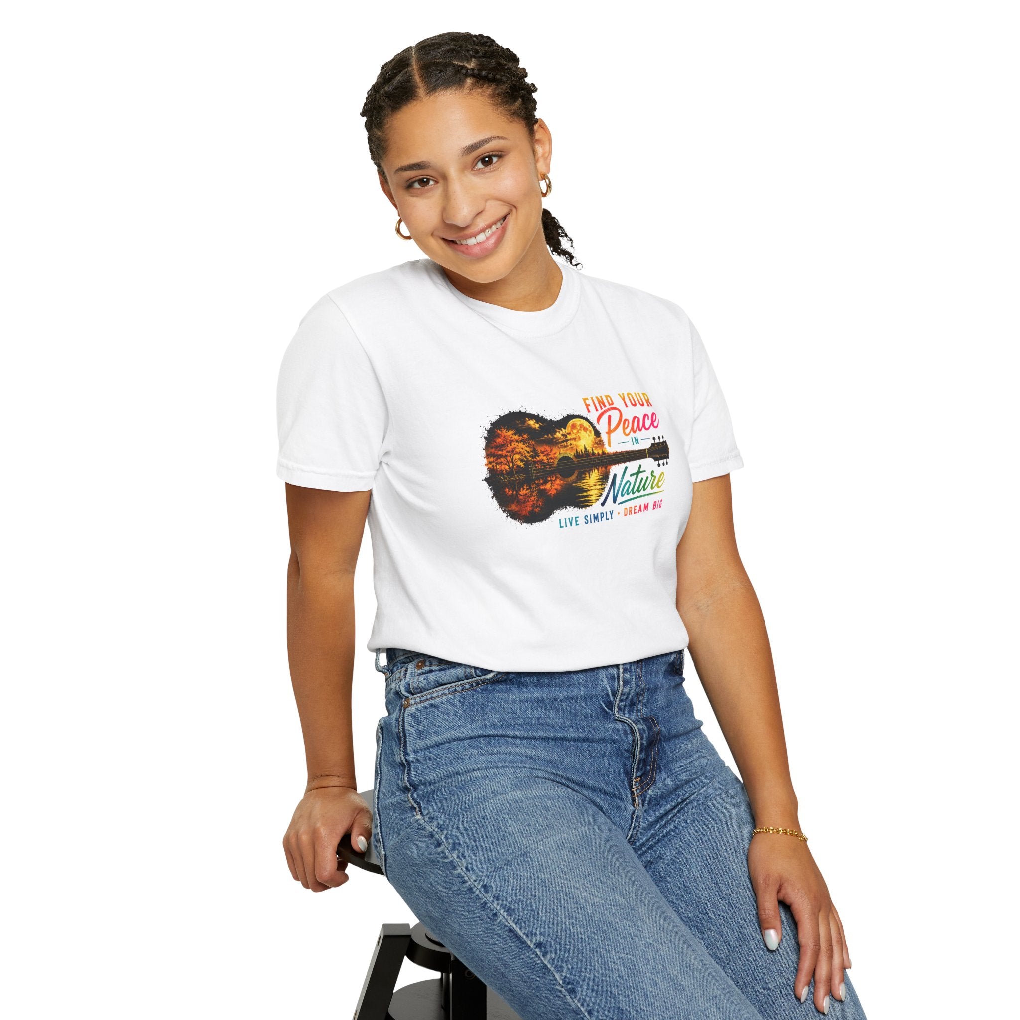 Acoustic Guitar Nature T-Shirt, Find Your Peace in Nature Tee, Music Lover Gift, Camping Shirt, Outdoor Graphic Tee, Hiking Shirt
