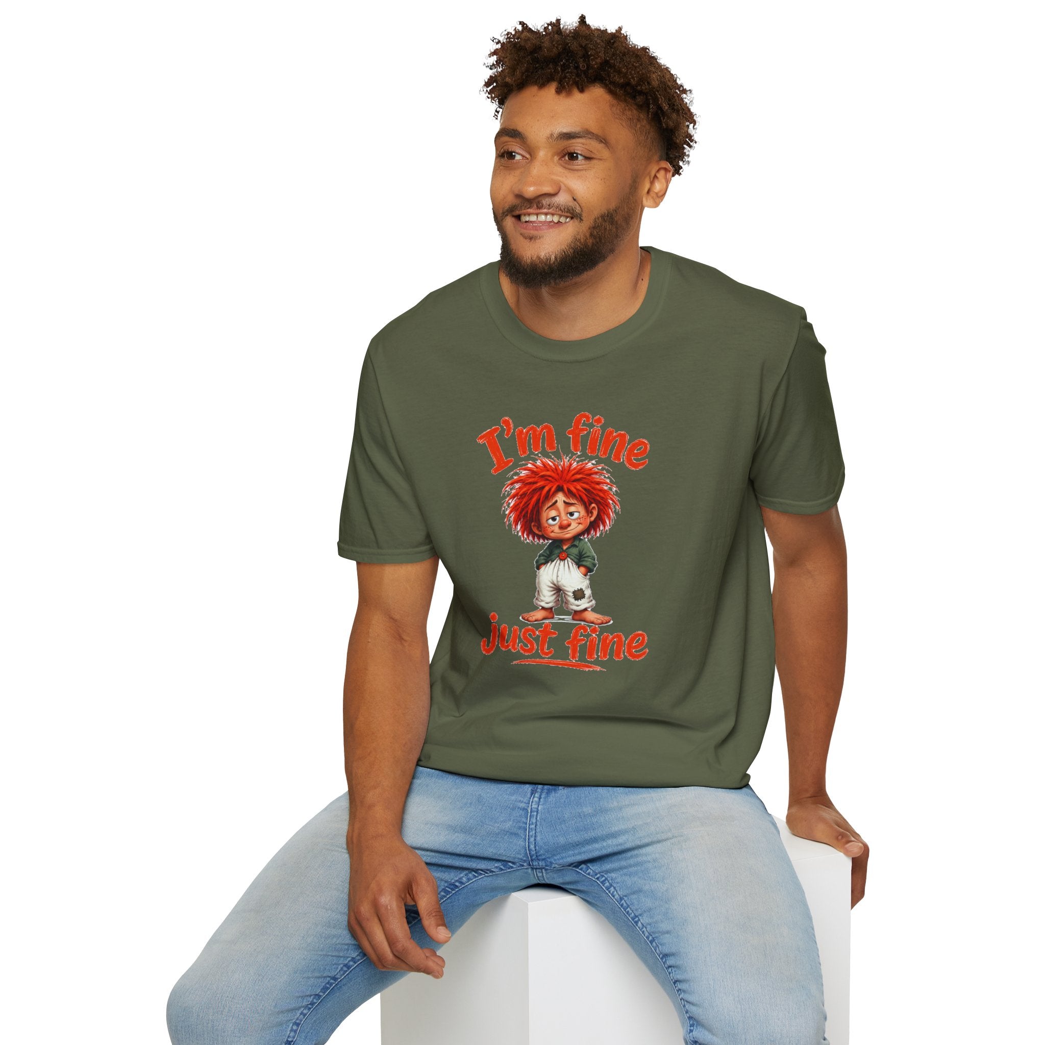 I'm Fine T‑Shirt — Cute Red‑Haired Character Tee ("I'm fine, just fine")