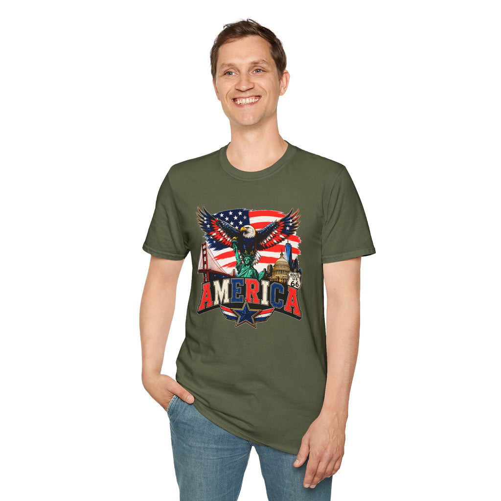 America Eagle Graphic T-Shirt — Patriotic USA Flag & Landmarks Tee (Statue of Liberty, Golden Gate, Capitol, Route 66)