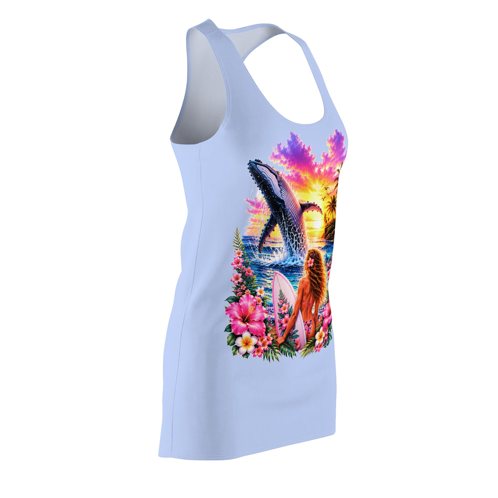 Tropical Surf Racerback Dress — Sunset Whale & Surfer Floral Print