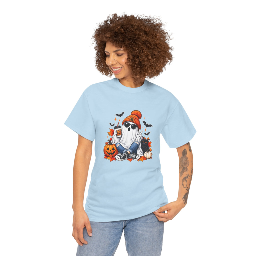 Halloween Ghost T-Shirt, Cute Spooky Pumpkin Cat Tee, Cozy Fall Coffee Graphic Shirt, Halloween Gift for Her