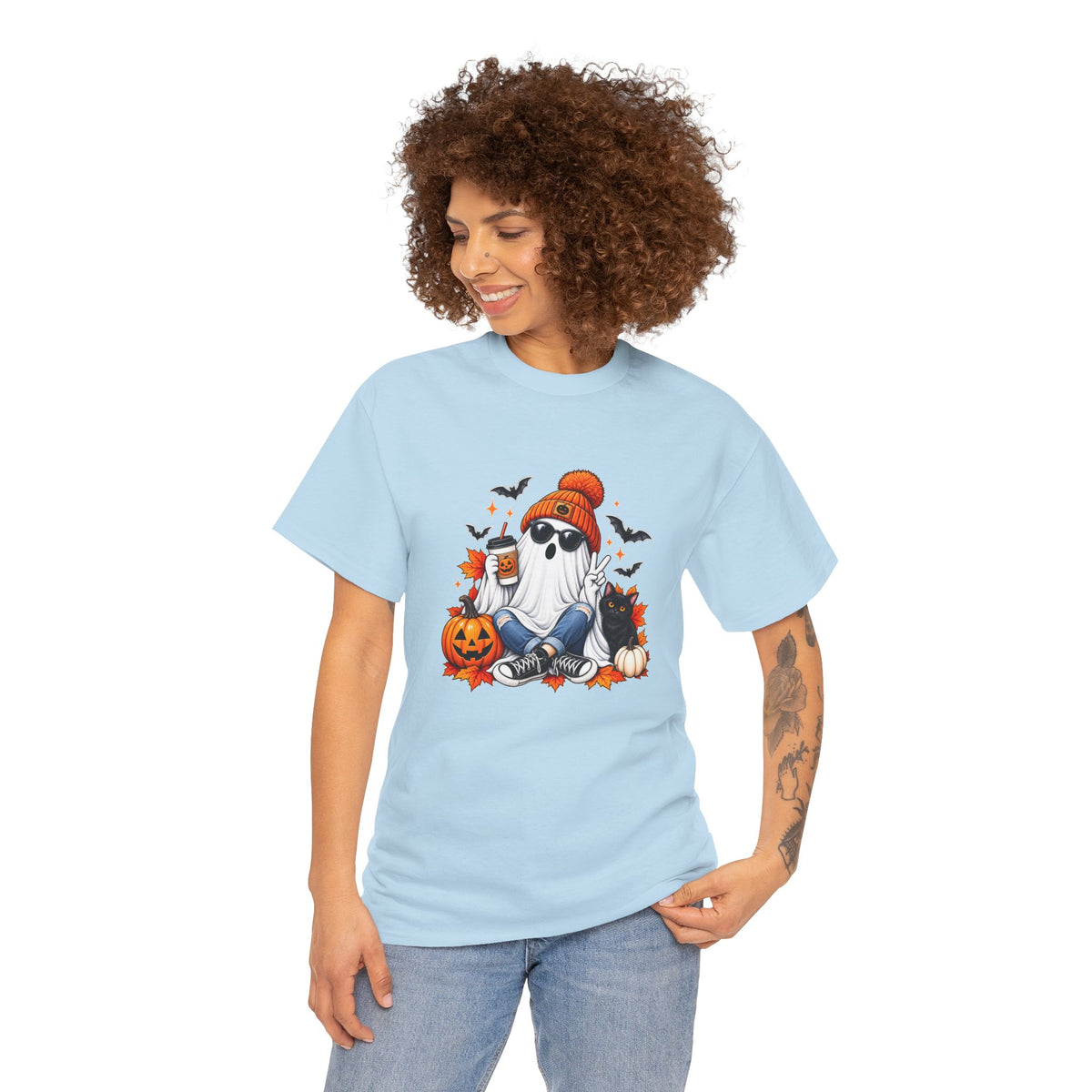 Halloween Ghost T-Shirt, Cute Spooky Pumpkin Cat Tee, Cozy Fall Coffee Graphic Shirt, Halloween Gift for Her