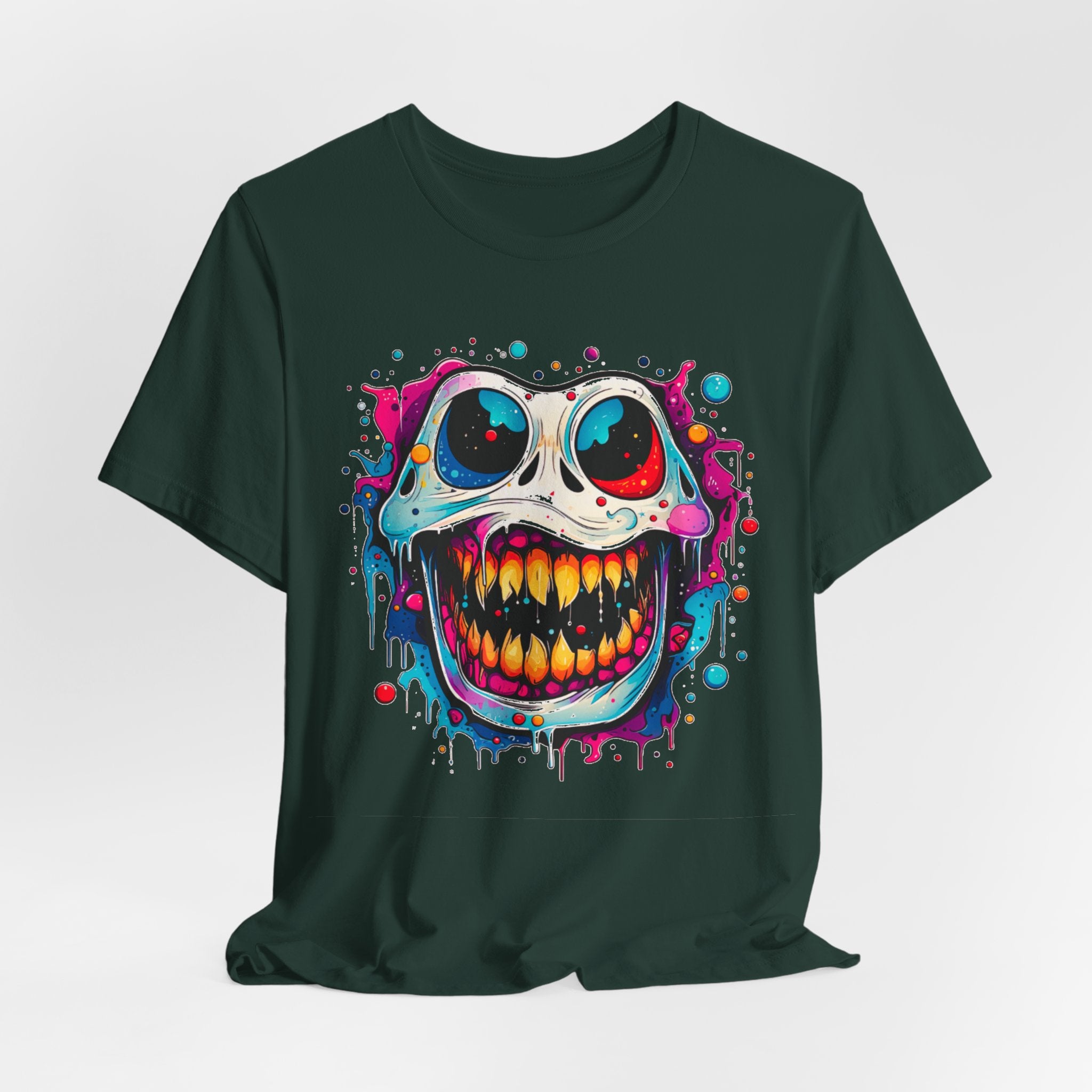 Unisex Skull Smile Tee -Vibrant Neon Drip Horror Graphic T Shirt