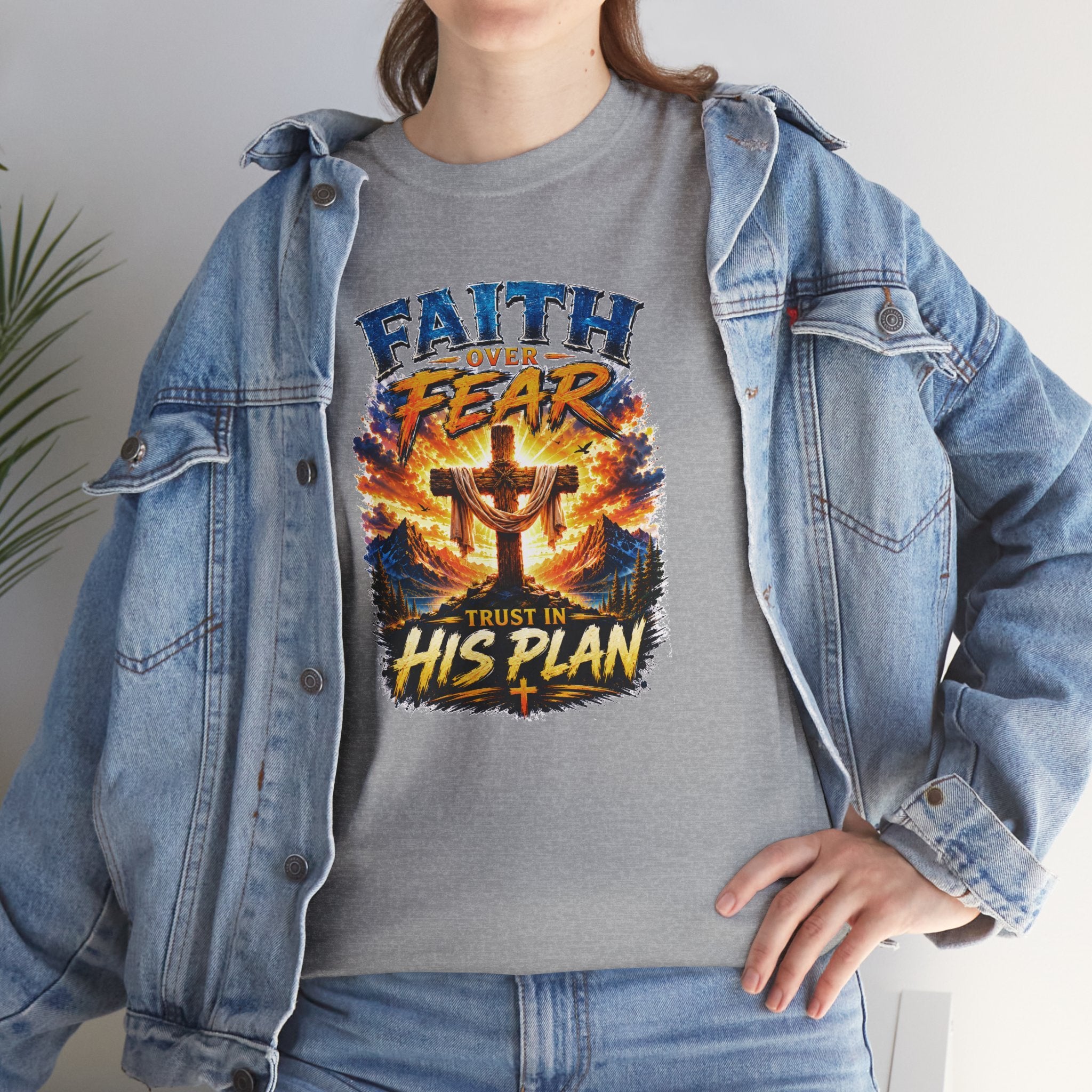 Faith Over Fear Christian T-Shirt | Trust in His Plan Cross Graphic Tee | Religious Unisex Shirt | Christian Gift
