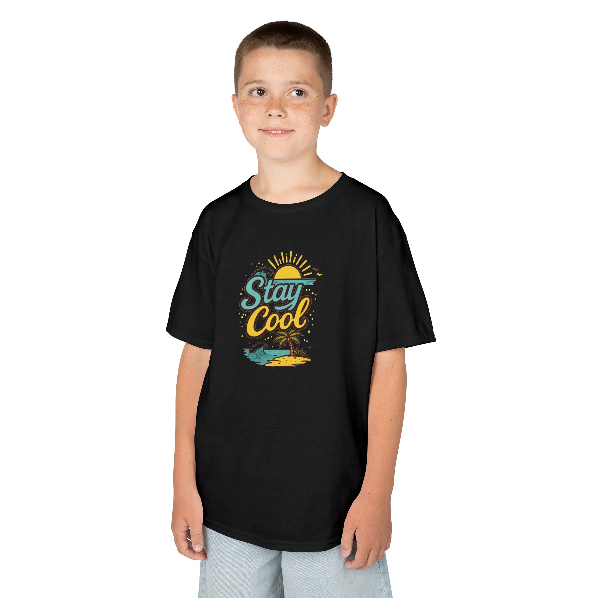 Kids "Stay Cool" Beach Graphic Tee — Tropical Sun & Palm Vacation Shirt