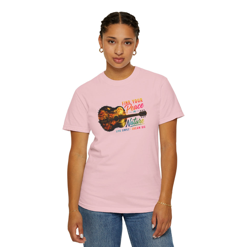 Acoustic Guitar Nature T-Shirt, Find Your Peace in Nature Tee, Music Lover Gift, Camping Shirt, Outdoor Graphic Tee, Hiking Shirt