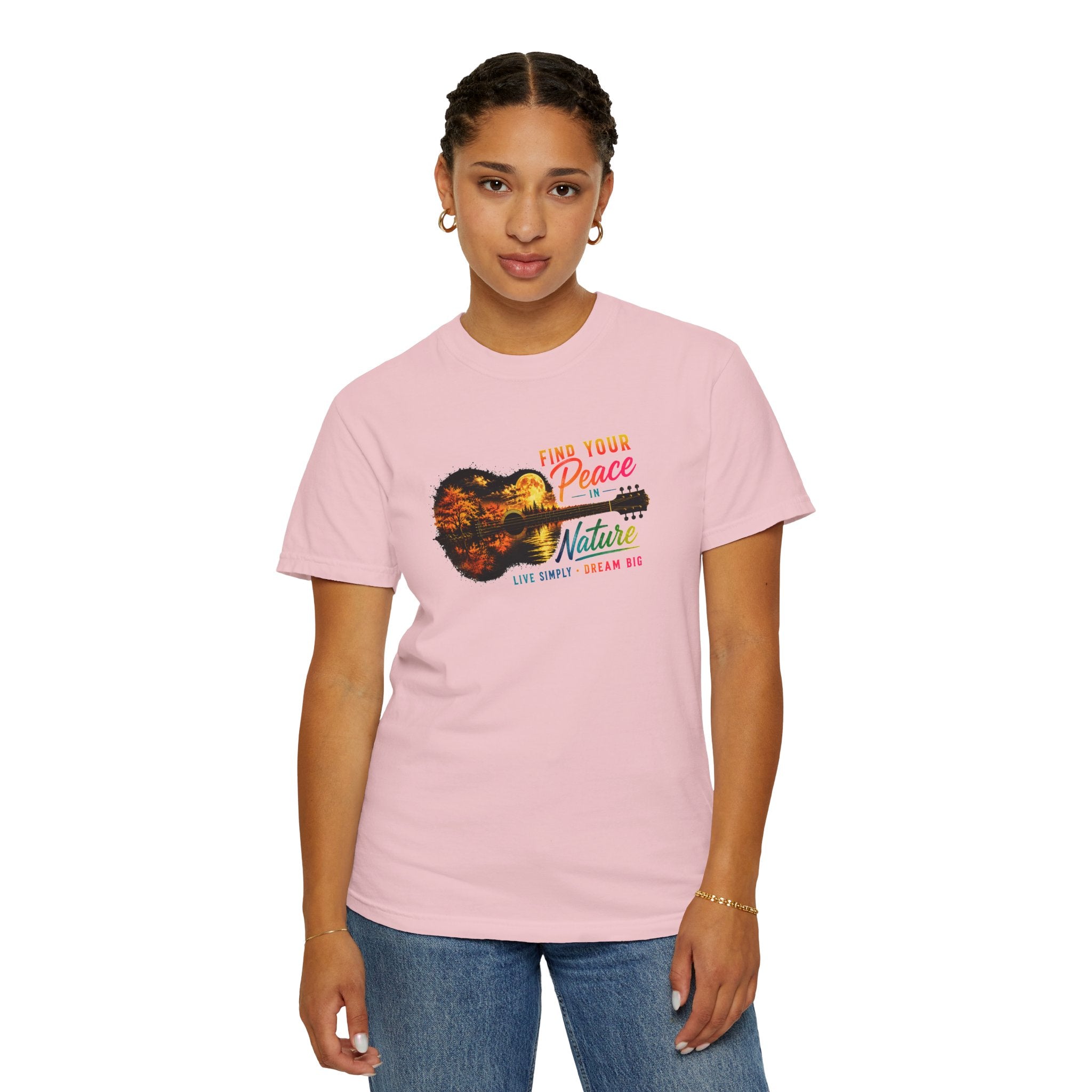 Acoustic Guitar Nature T-Shirt, Find Your Peace in Nature Tee, Music Lover Gift, Camping Shirt, Outdoor Graphic Tee, Hiking Shirt