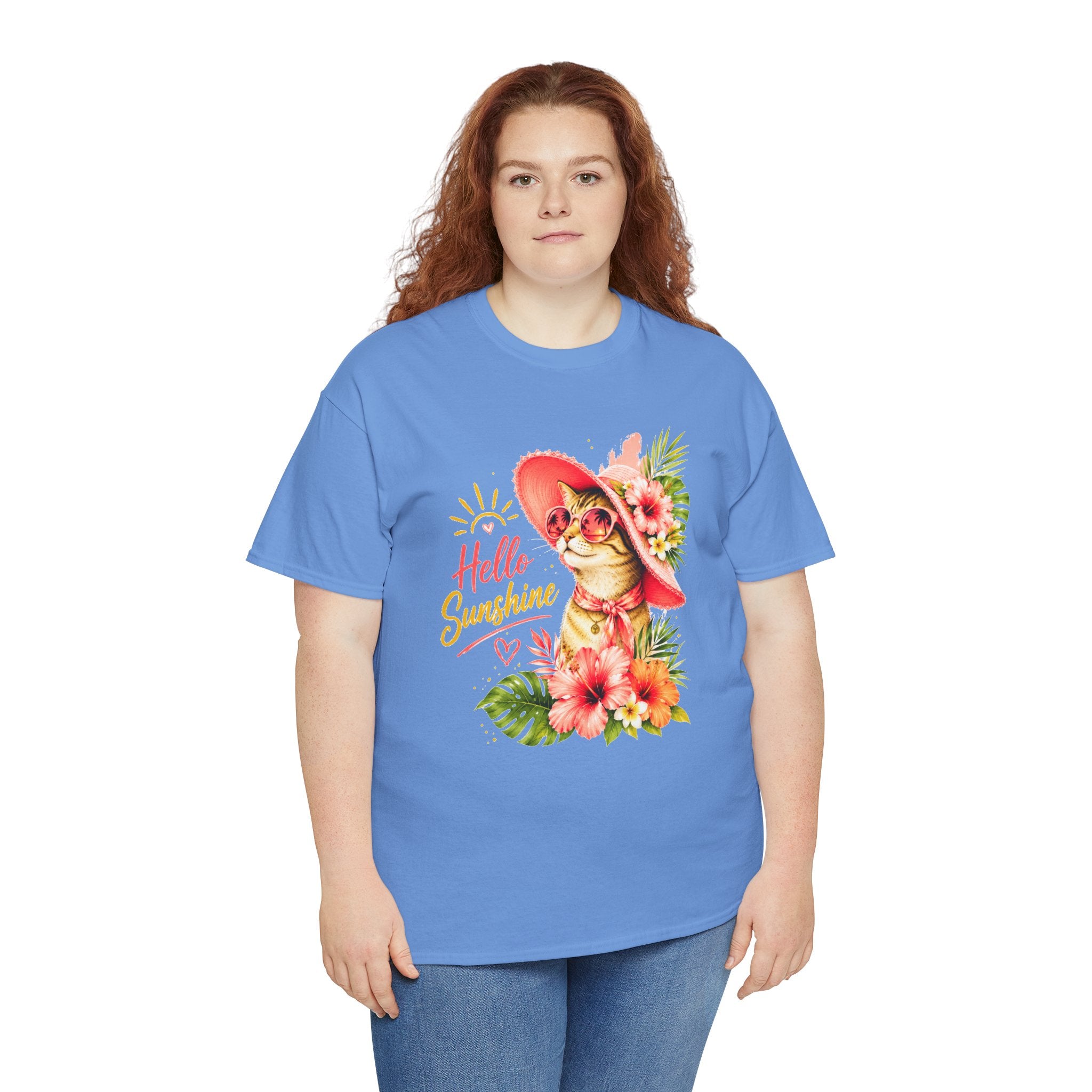 Hello Sunshine Cat Shirt | Cute Floral Cat T-Shirt | Tropical Summer Kitty Tee | Cat Lover Gift | Cute Women's Graphic Tee