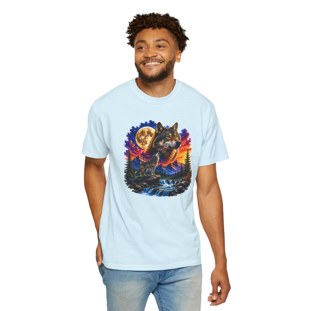 Colorful Wolf Moon T-Shirt, Nature Lover Gift, Howling Wolf Graphic Tee, Mountain Forest Shirt, Wildlife Adventure Tee