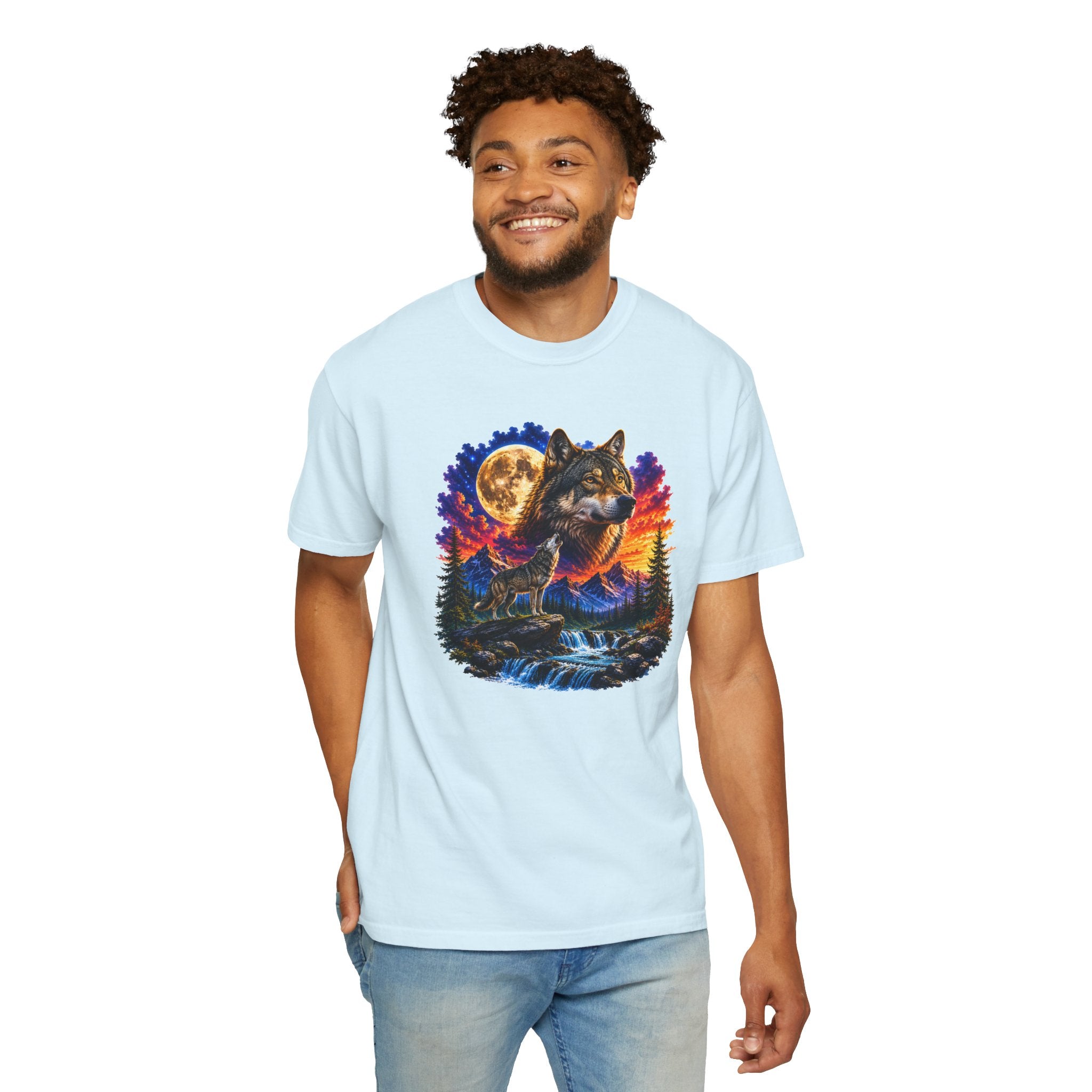 Colorful Wolf Moon T-Shirt, Nature Lover Gift, Howling Wolf Graphic Tee, Mountain Forest Shirt, Wildlife Adventure Tee