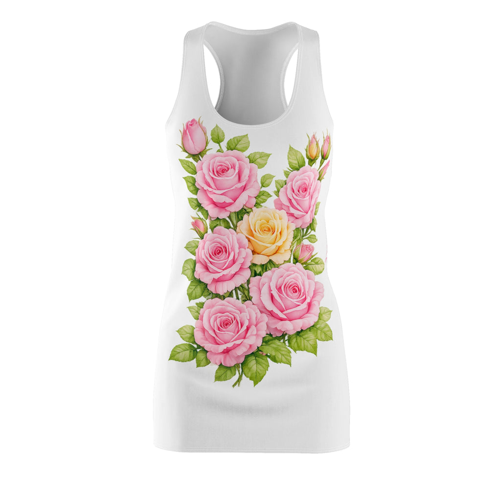 White Floral Racerback Dress | Vintage Pink Rose Bouquet Dress