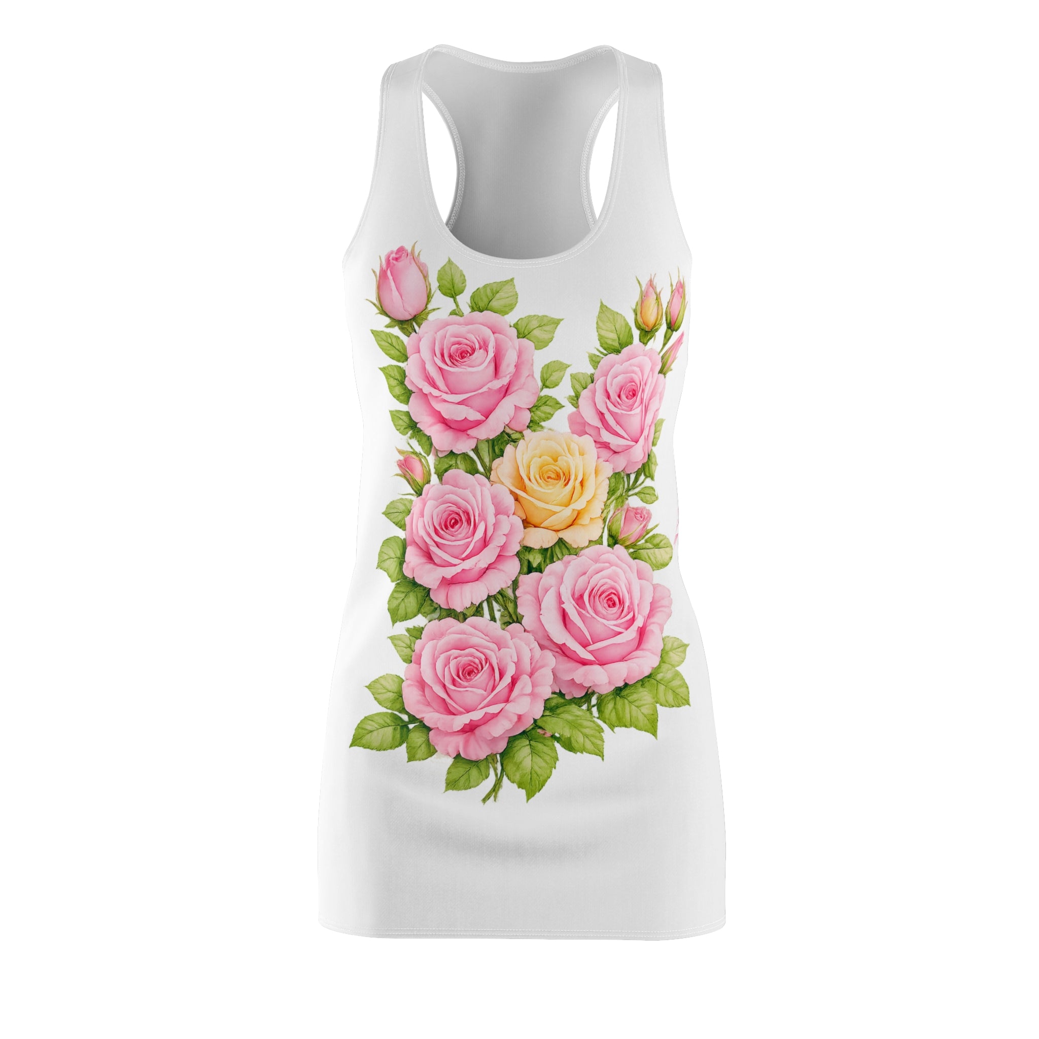 White Floral Racerback Dress | Vintage Pink Rose Bouquet Dress