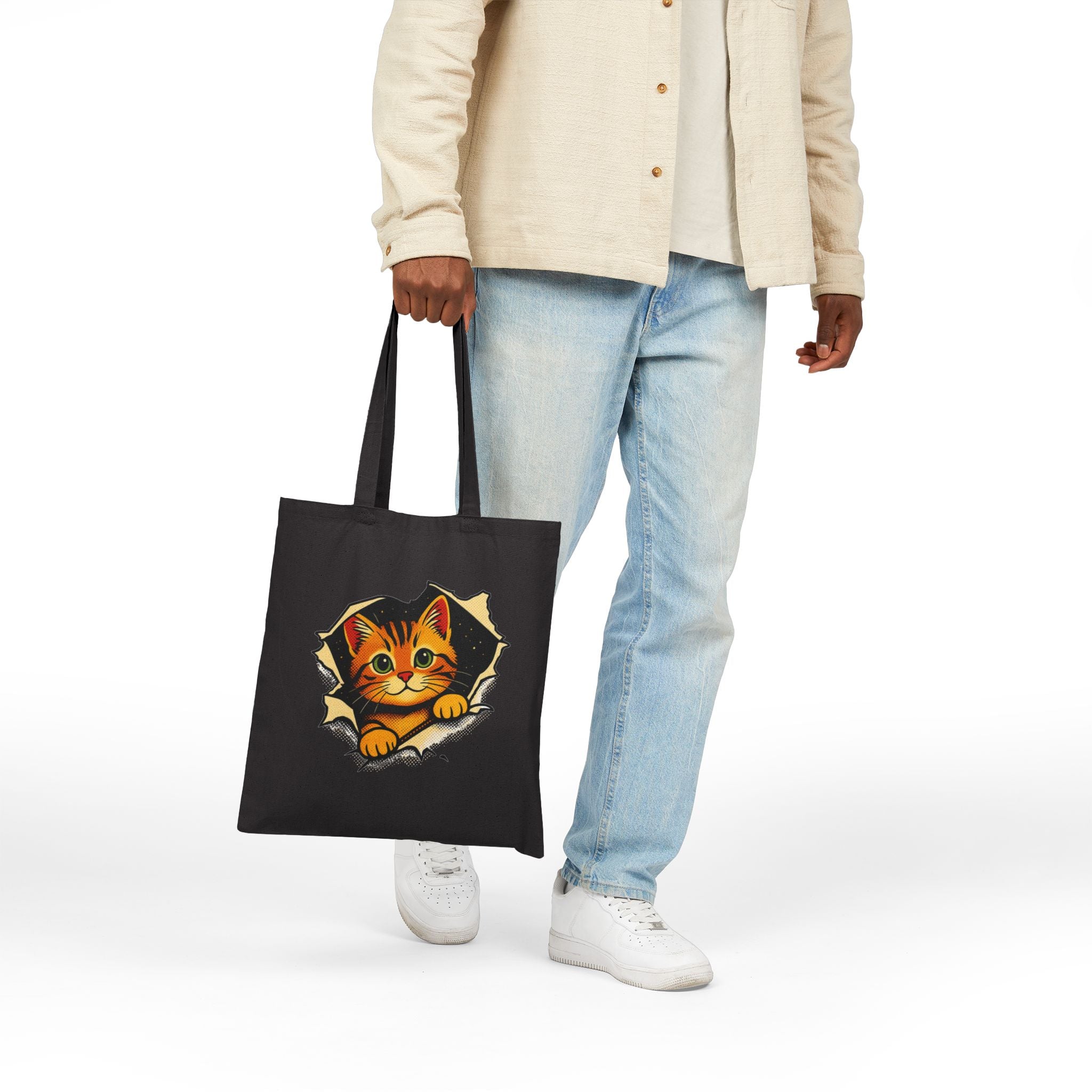 Cat Peeking Tote Bag — Cute Kitten Canvas Grocery & Book Bag