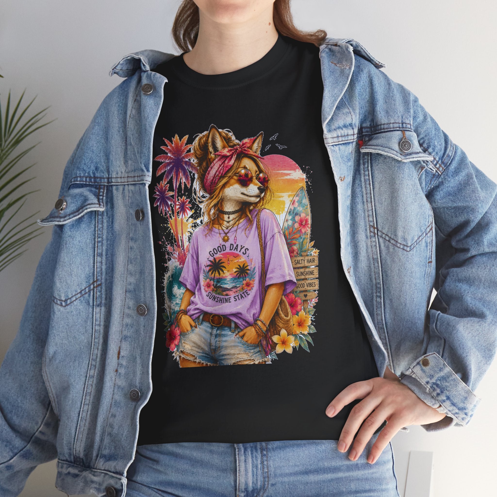 Fox Beach Vibes Shirt, Retro Beach T-Shirt, Summer Sunset Graphic Tee, Coastal Vacation Gift