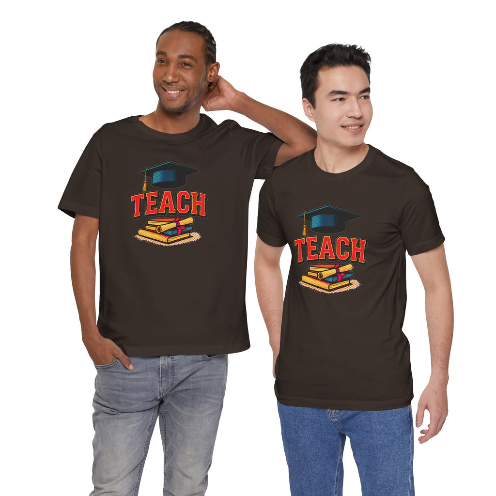 Teach Graduation T‑Shirt — Teacher Gift Tee with Cap & Books Design