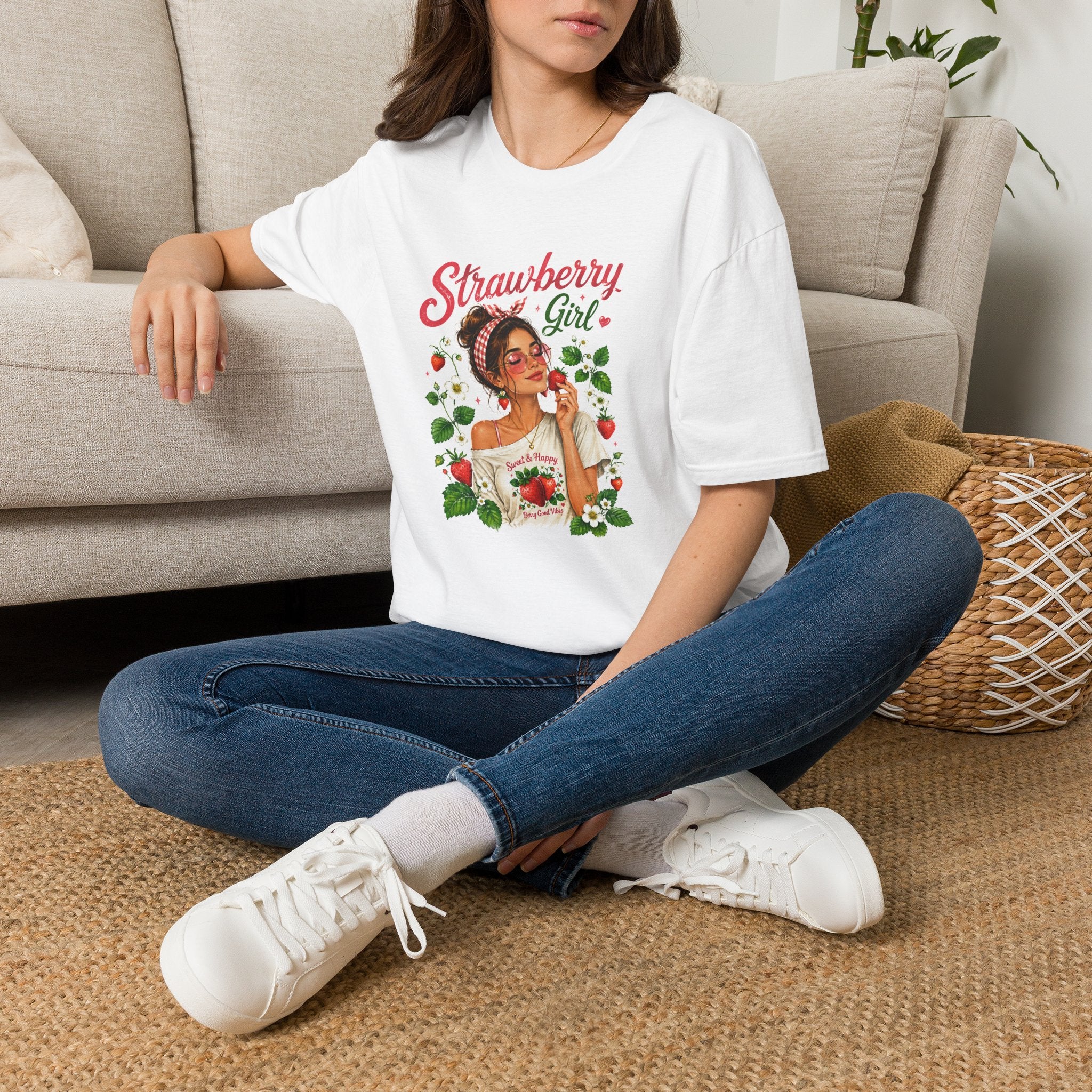 Strawberry Girl T-Shirt, Cute Strawberry Graphic Tee, Retro Fruit Shirt, Summer Women's T-Shirt