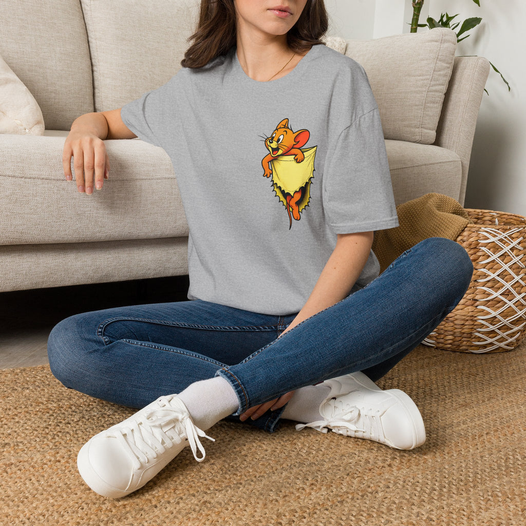 Jerry Pocket Tee — Cute Cartoon Mouse Peeking From Cheese T-Shirt