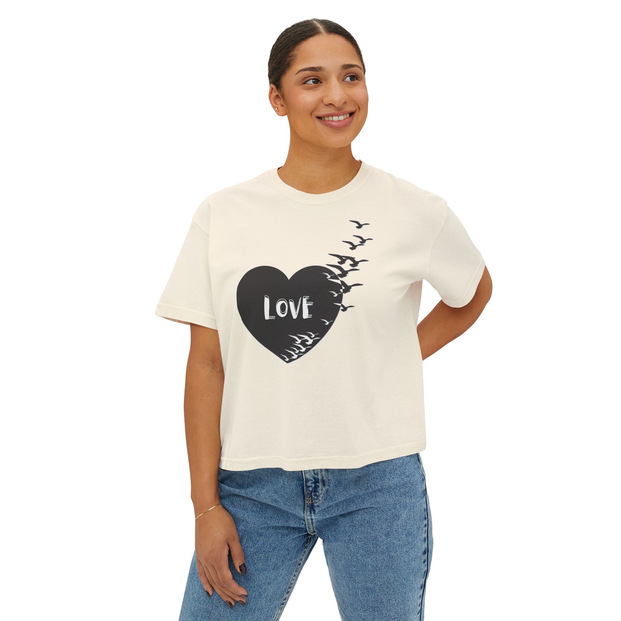 Love Bird Heart Boxy Tee — Women's Casual Graphic Shirt