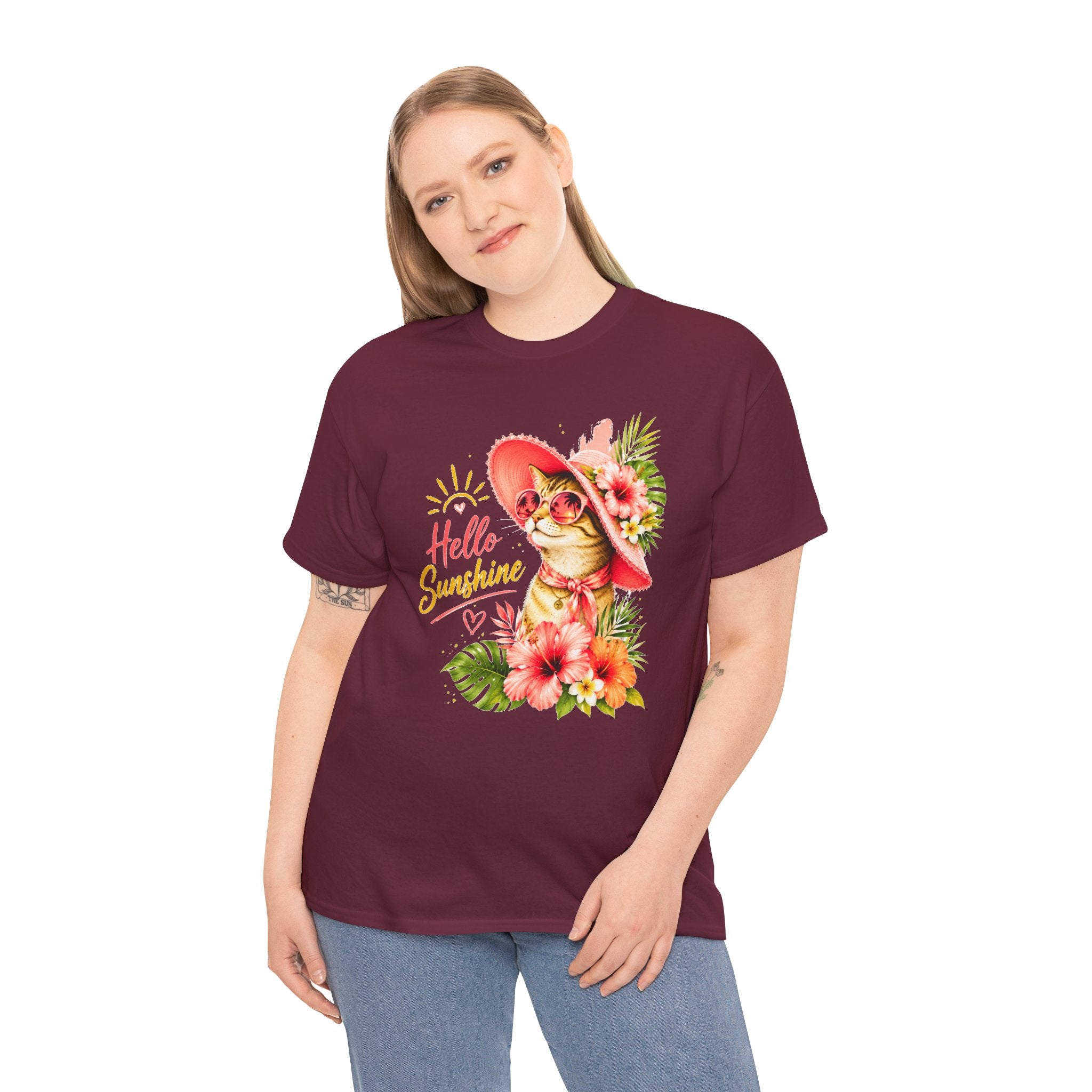 Hello Sunshine Cat Shirt | Cute Floral Cat T-Shirt | Tropical Summer Kitty Tee | Cat Lover Gift | Cute Women's Graphic Tee