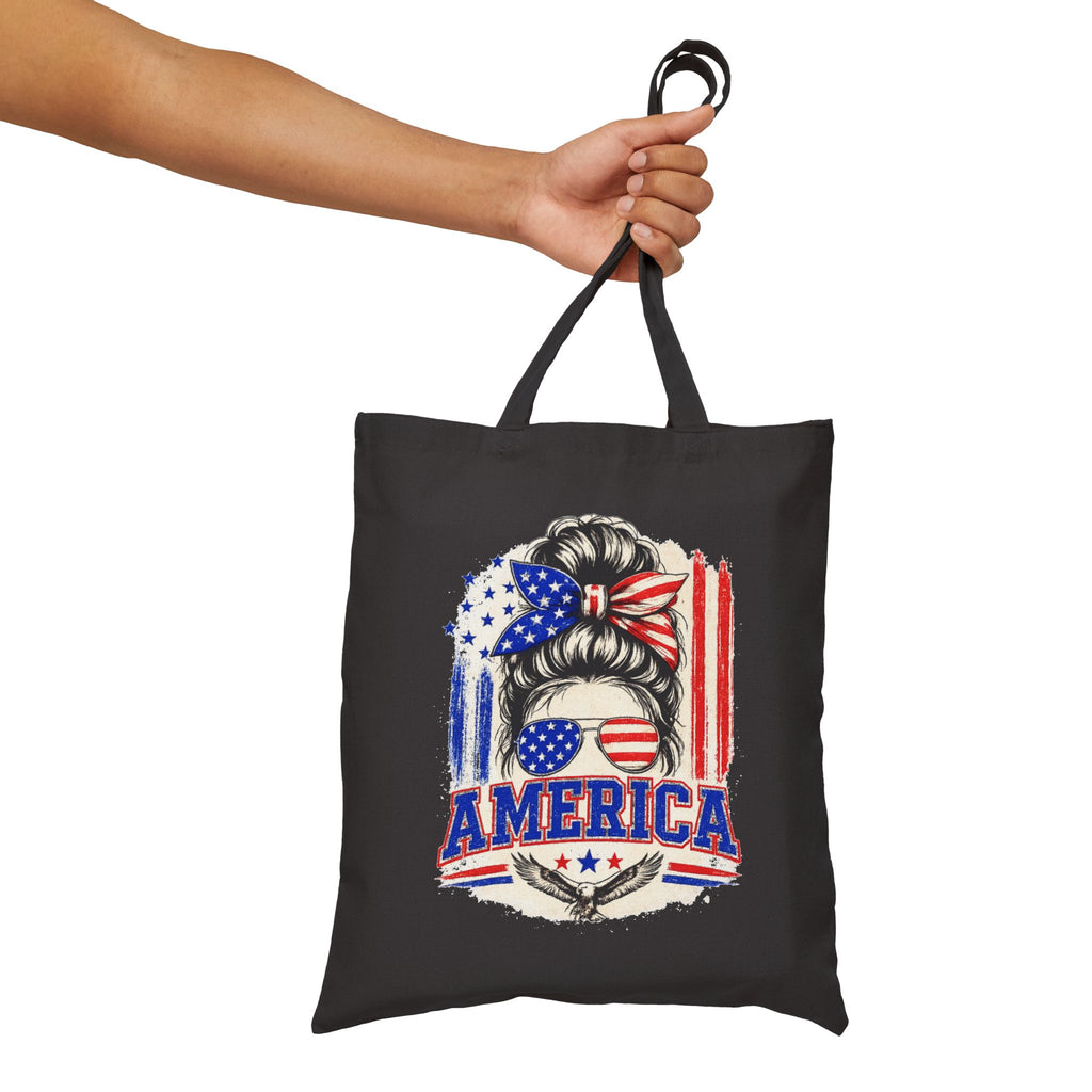 America Flag Hair Messy Bun Tote Bag — Patriotic 4th of July Cotton Canvas Tote