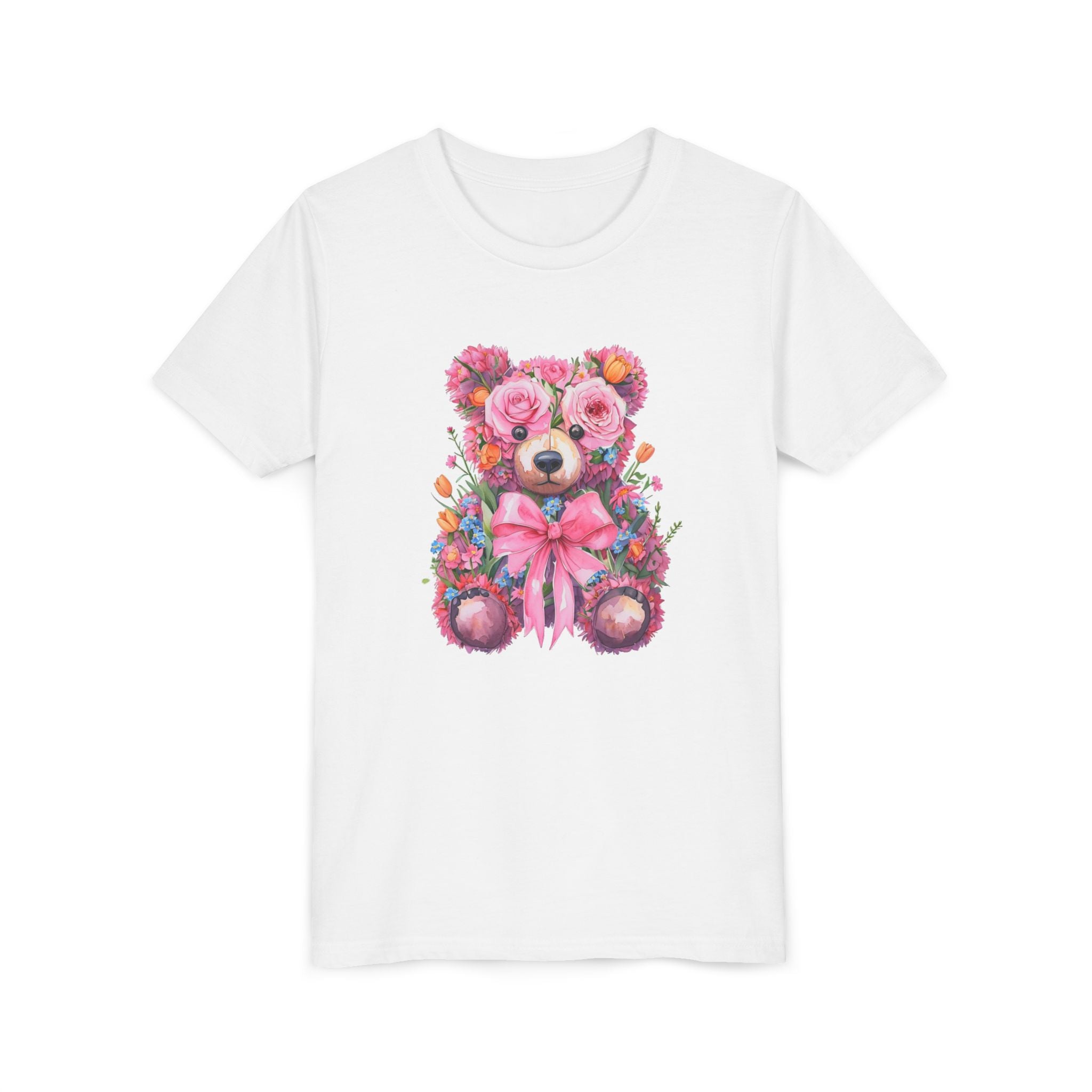 Floral Teddy Bear Kids T-Shirt, Cute Pink Bear Tee, Flower Bear Youth Shirt, Gift for Girls