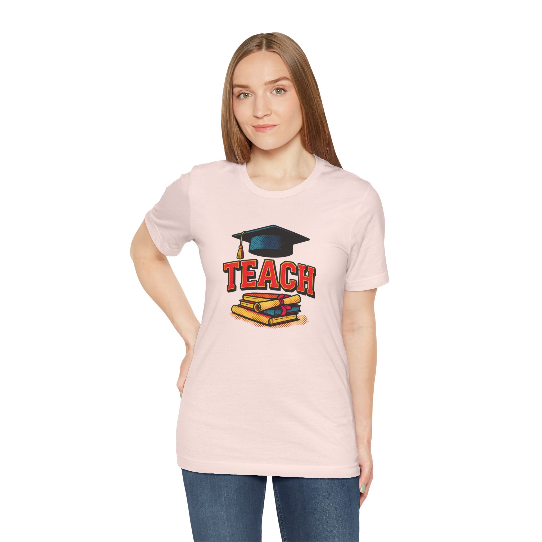 Teach Graduation T‑Shirt — Teacher Gift Tee with Cap & Books Design