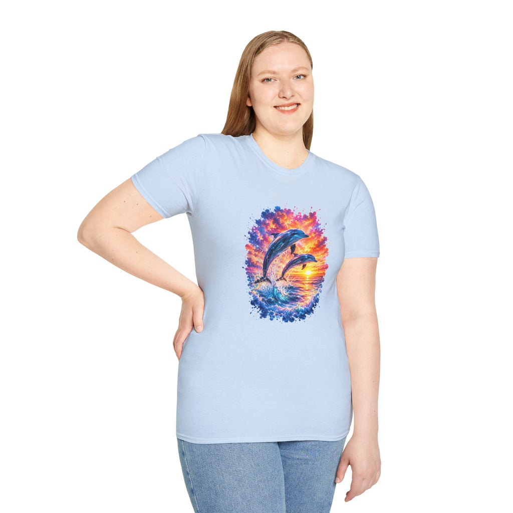 Dolphin Sunset TShirt  Vibrant Ocean Jump Graphic Tee