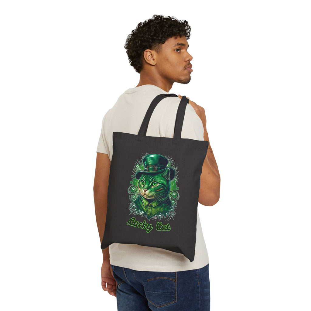 Lucky Cat Tote Bag – St. Patrick’s Day Green Kitty Canvas Tote
