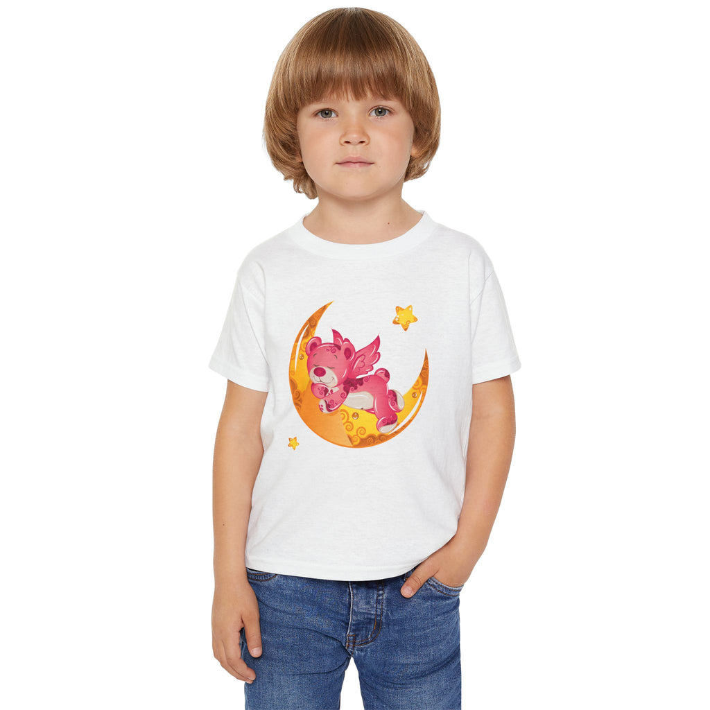 Cute Sleeping Pink Baby Dragon on Moon Toddler T-Shirt | Nursery Kids Tee | Soft Cotton Toddler Shirt