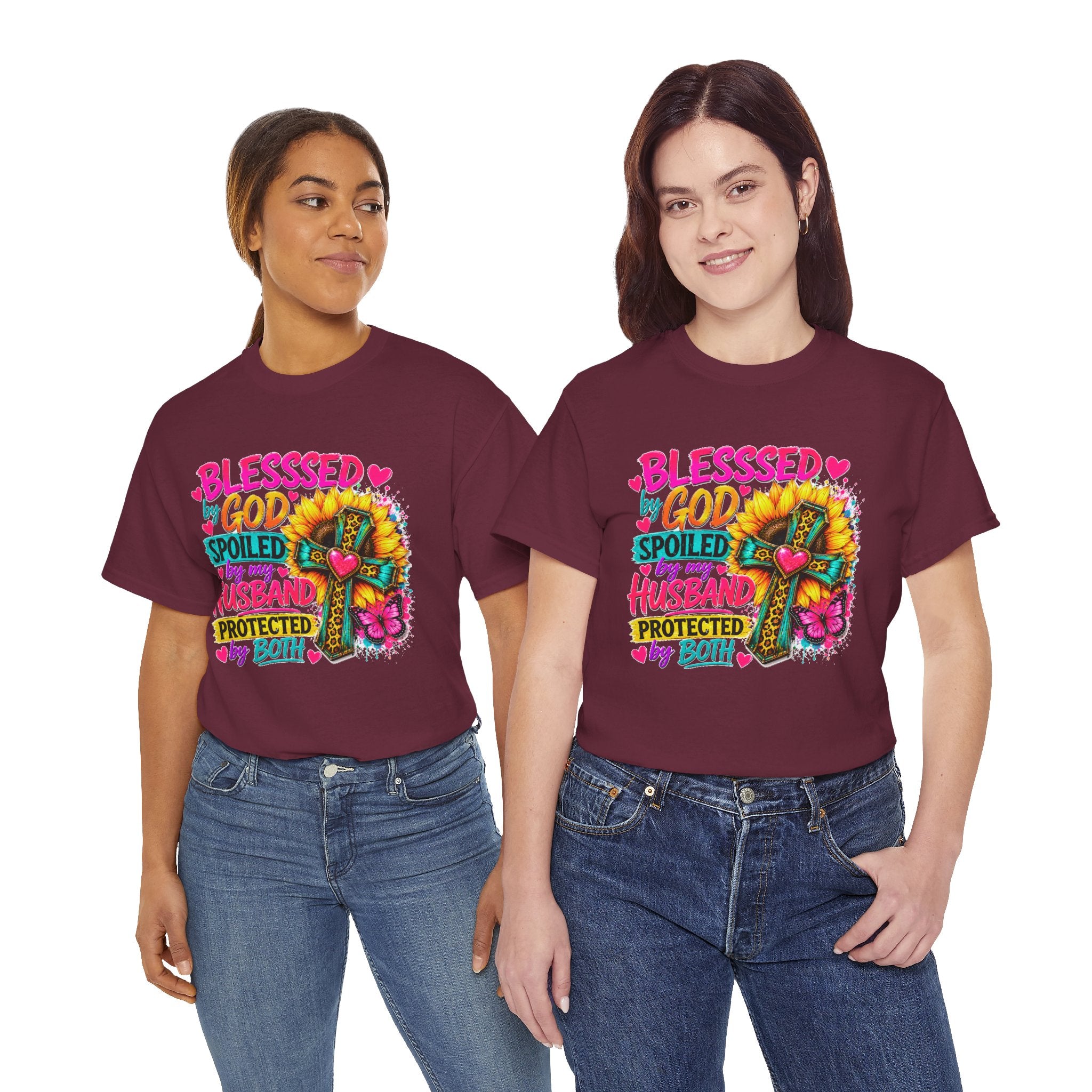 Blessed by God Spoiled by My Husband Tee — Christian Cross Floral Women's Shirt