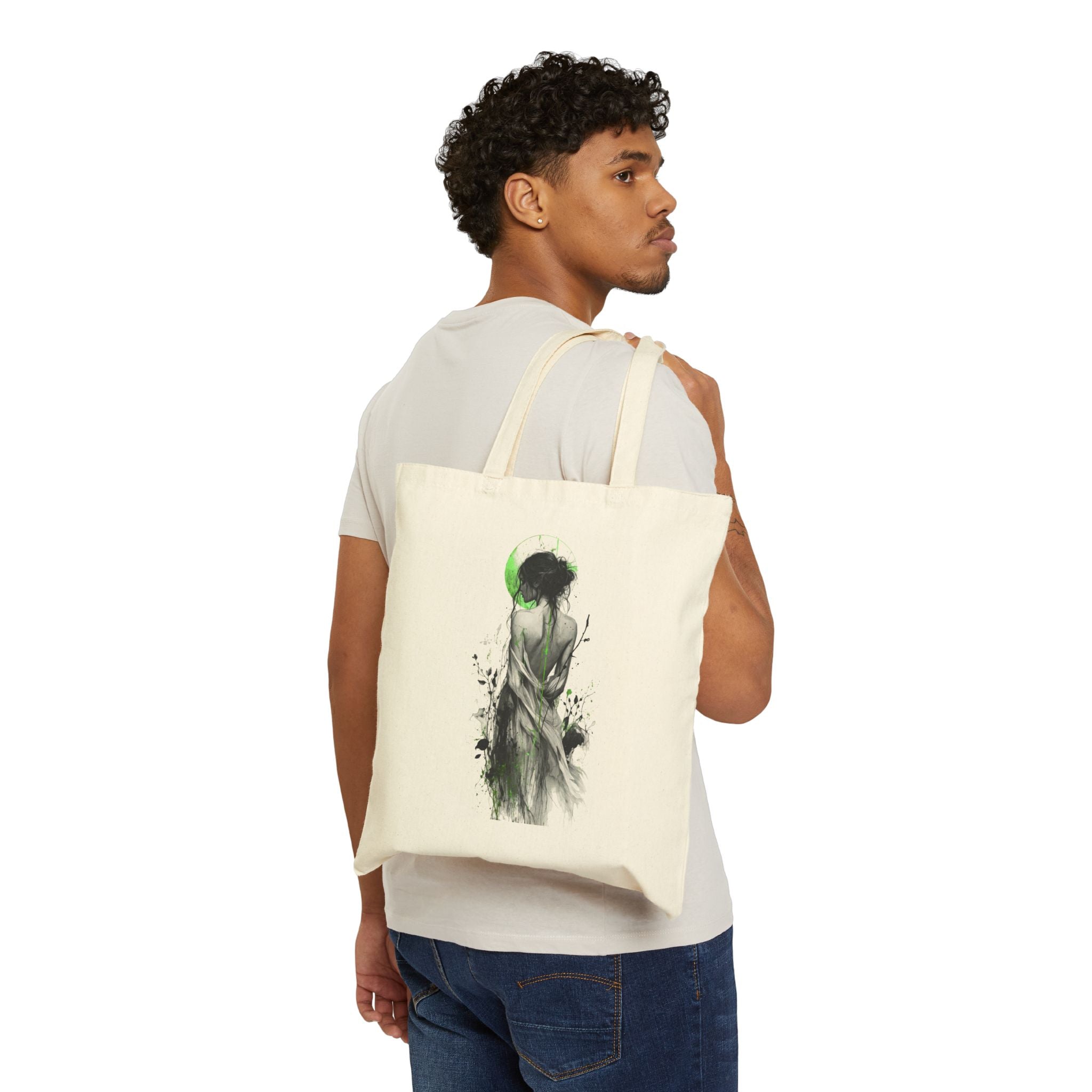 Canvas Tote Bag - Green Moon Muse Illustration