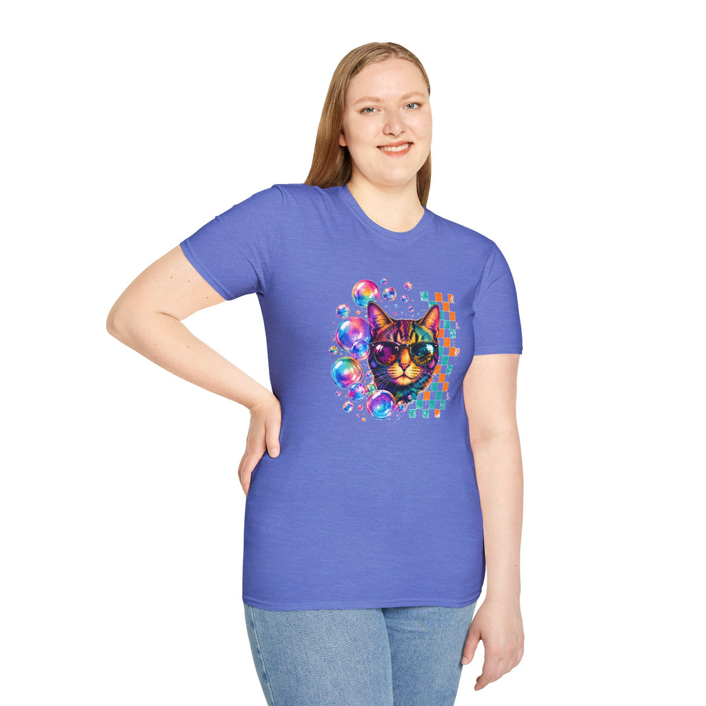 Colorful Cat Sunglasses T-Shirt, Retro Pop Art Cat Tee, Fun Graphic Shirt