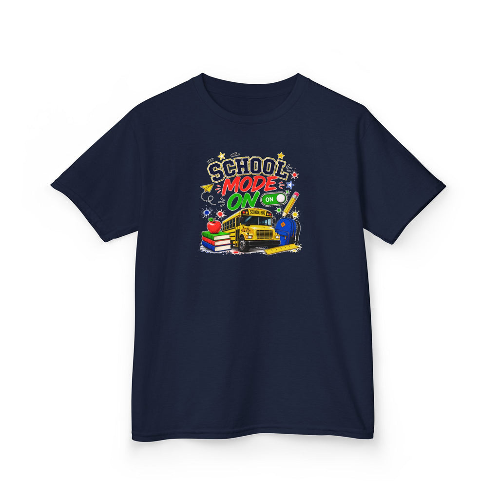 School Mode On Kids T‑Shirt — Back-to-School Graphic Tee with Bus, Books & Apple