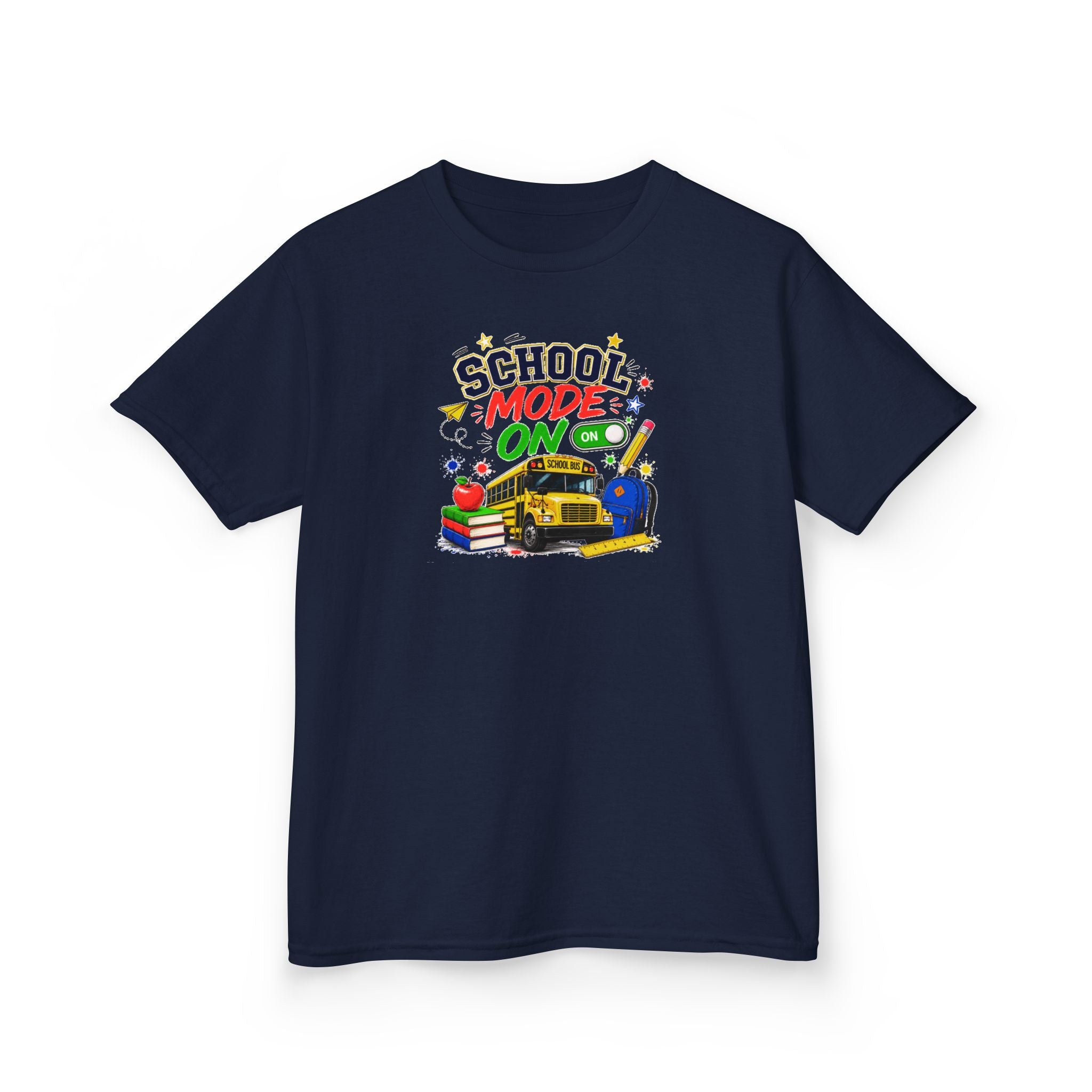 School Mode On Kids T‑Shirt — Back-to-School Graphic Tee with Bus, Books & Apple