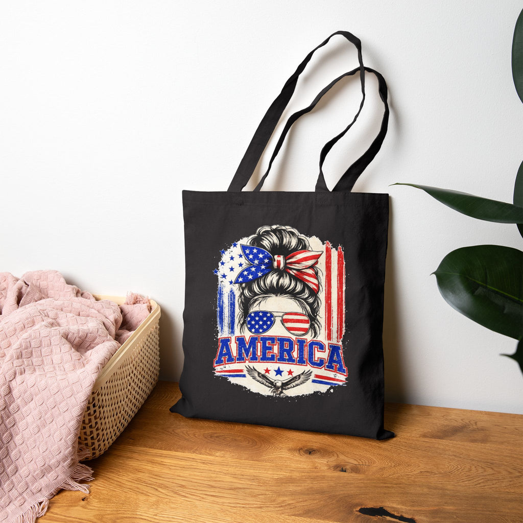 America Flag Hair Messy Bun Tote Bag — Patriotic 4th of July Cotton Canvas Tote