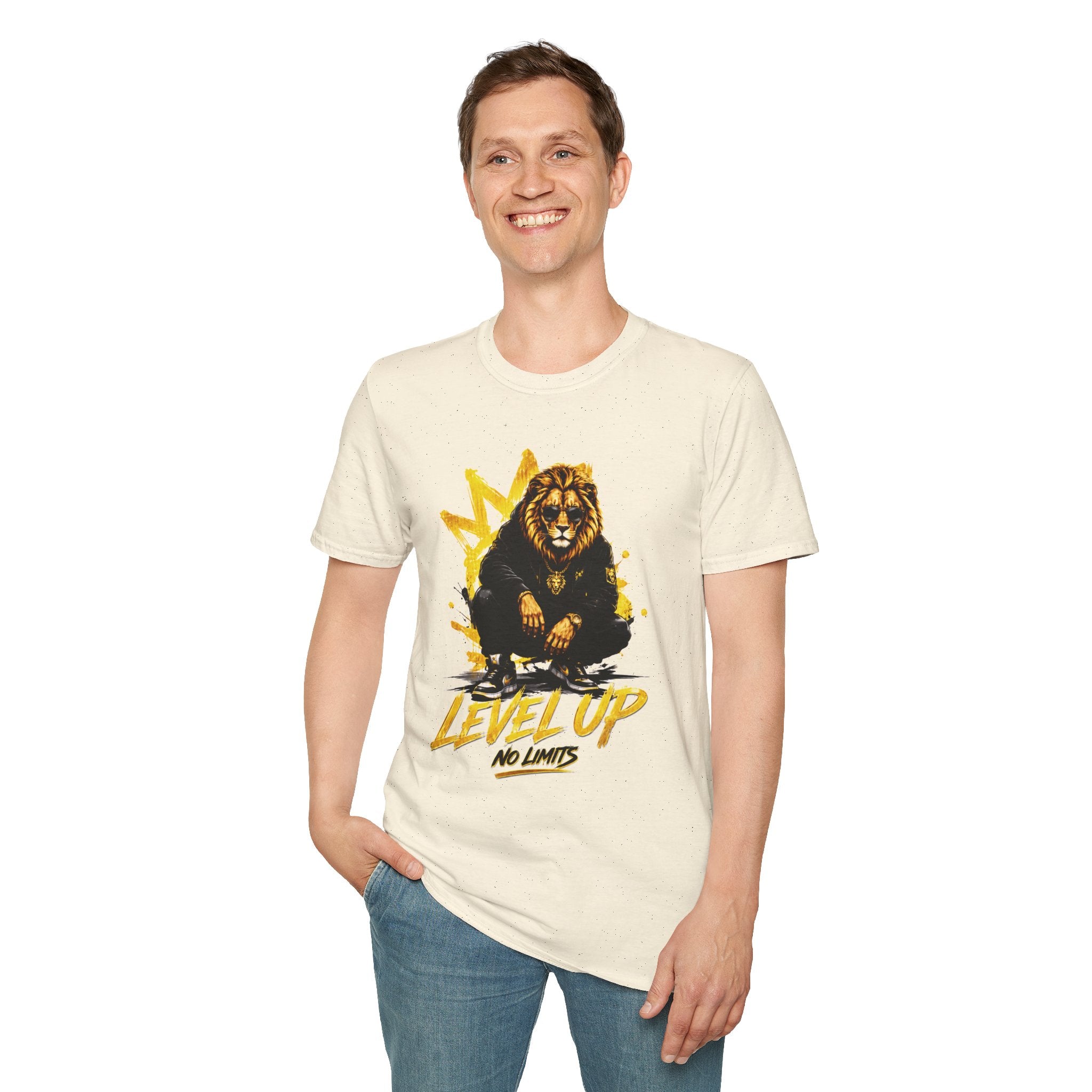Lion 'Level Up No Limits' T-Shirt — Motivational Graphic Tee for Ambitious Souls