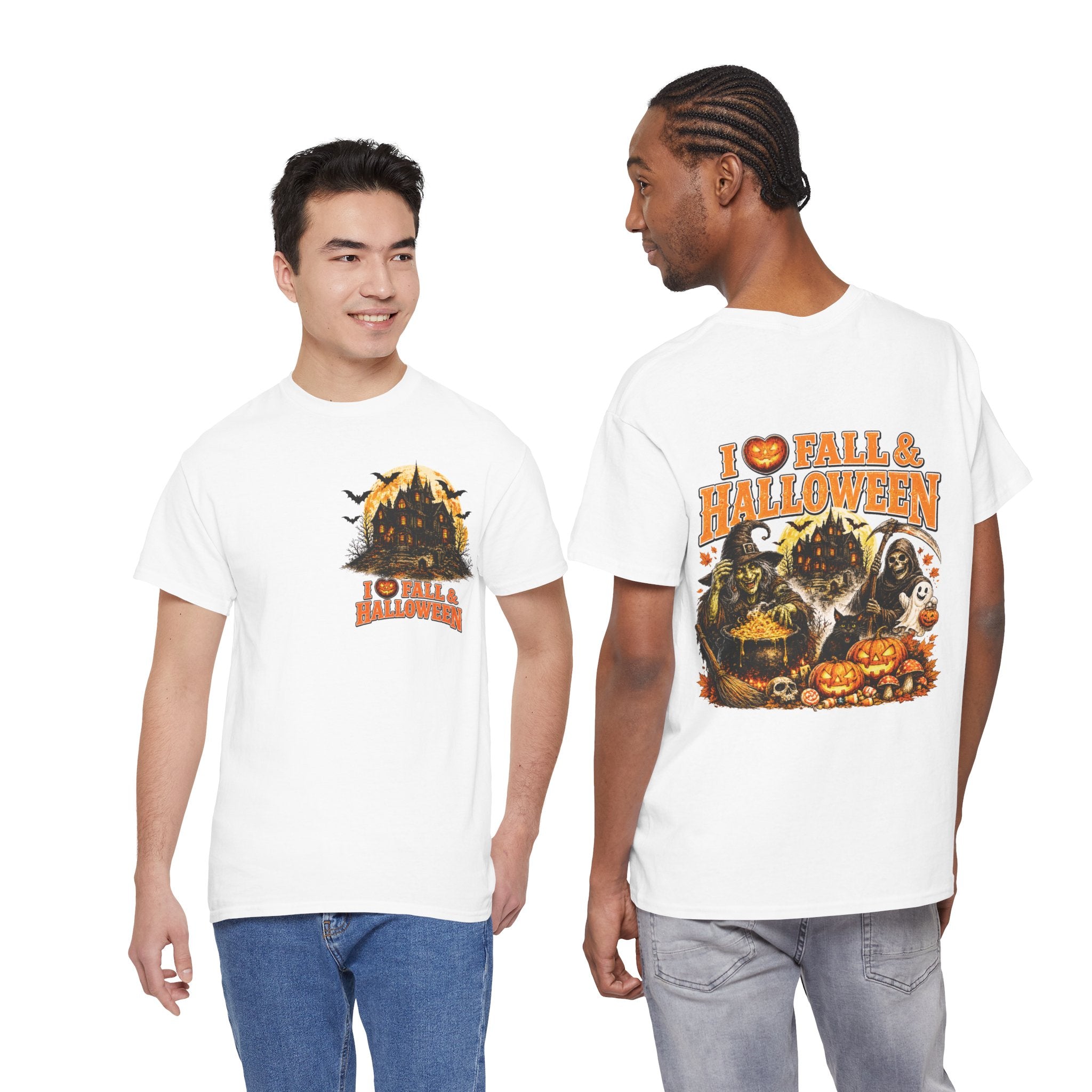 Halloween Fall Graphic Tee — "I  Fall & Halloween" Vintage Pumpkin & Spooky Characters Shirt
