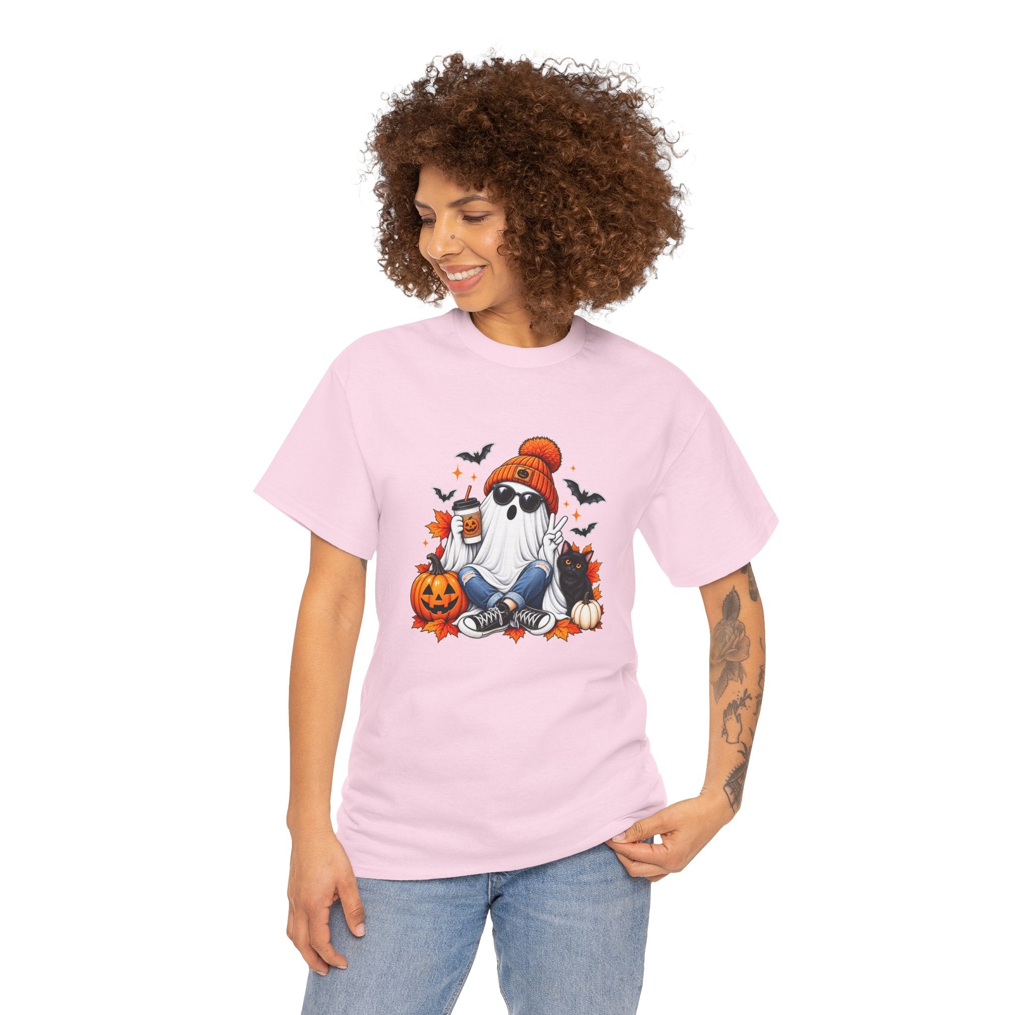 Halloween Ghost T-Shirt, Cute Spooky Pumpkin Cat Tee, Cozy Fall Coffee Graphic Shirt, Halloween Gift for Her