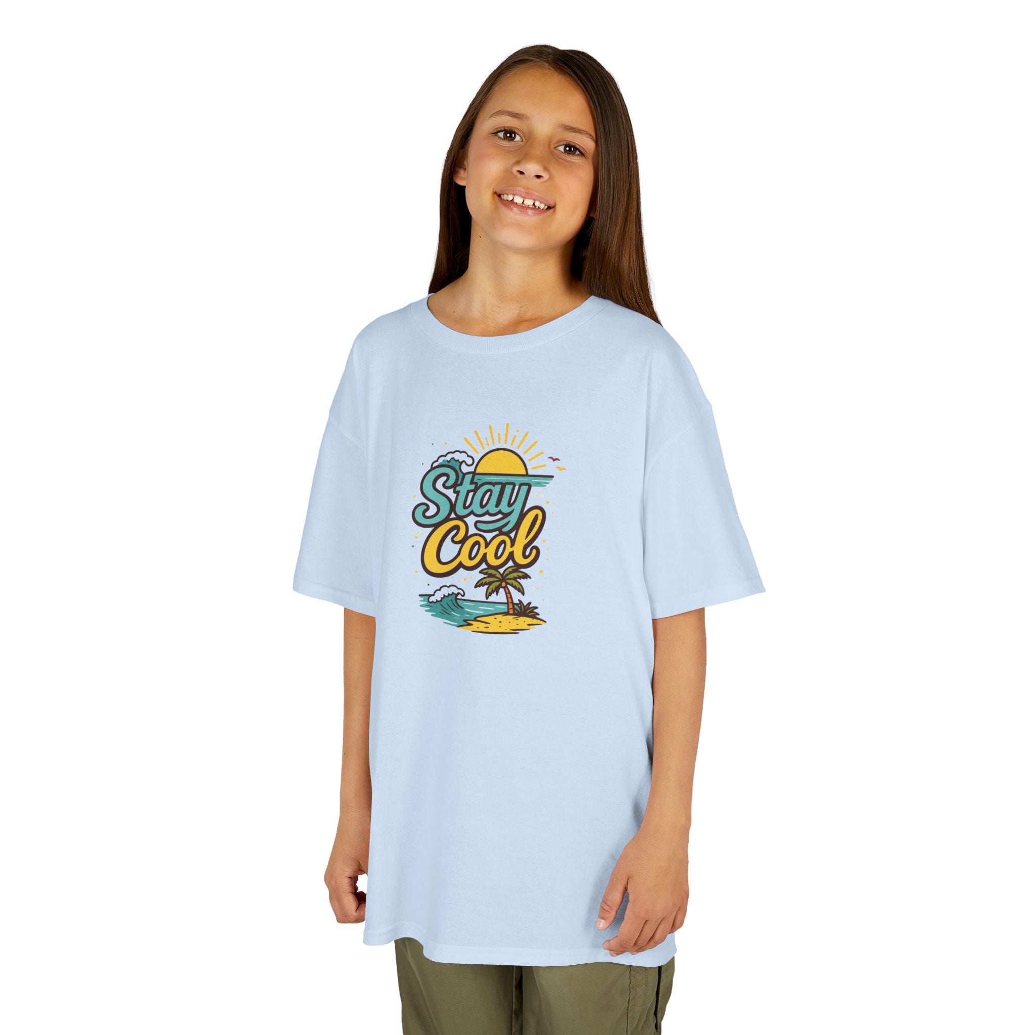 Kids "Stay Cool" Beach Graphic Tee — Tropical Sun & Palm Vacation Shirt