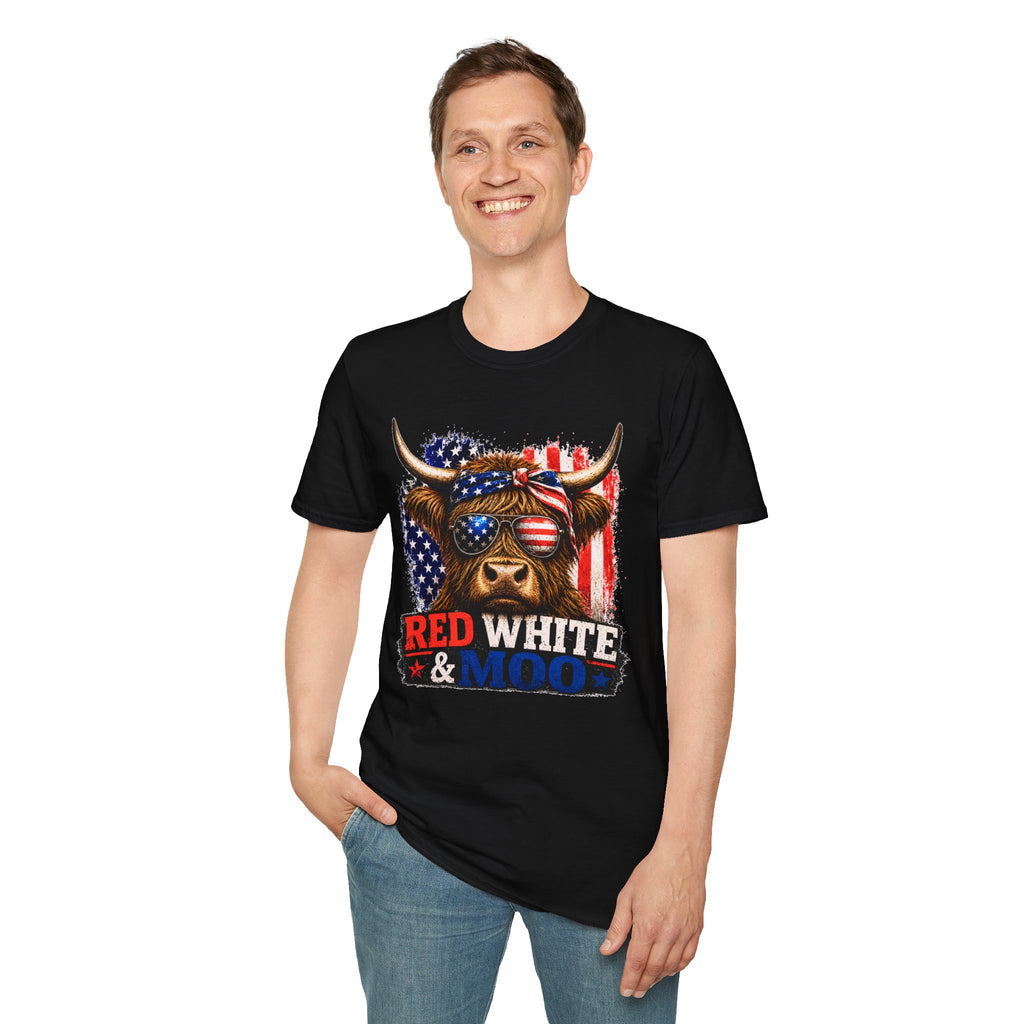 Patriotic Cow Graphic T-Shirt — "Red White & Moo" American Flag Tee