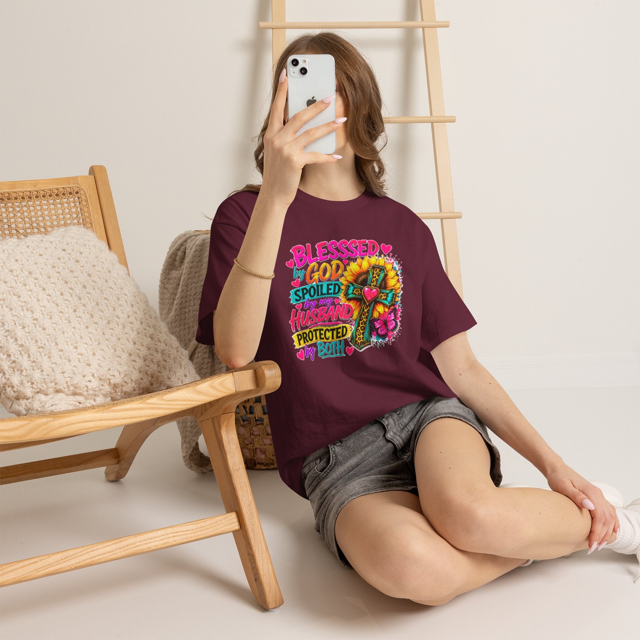 Blessed by God Spoiled by My Husband Shirt, Christian Floral Cross Tee, Faith Graphic T-Shirt for Women, Religious Gift for Wife, Cute Church Shirt