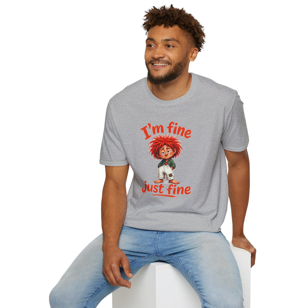 I'm Fine T‑Shirt — Cute Red‑Haired Character Tee ("I'm fine, just fine")
