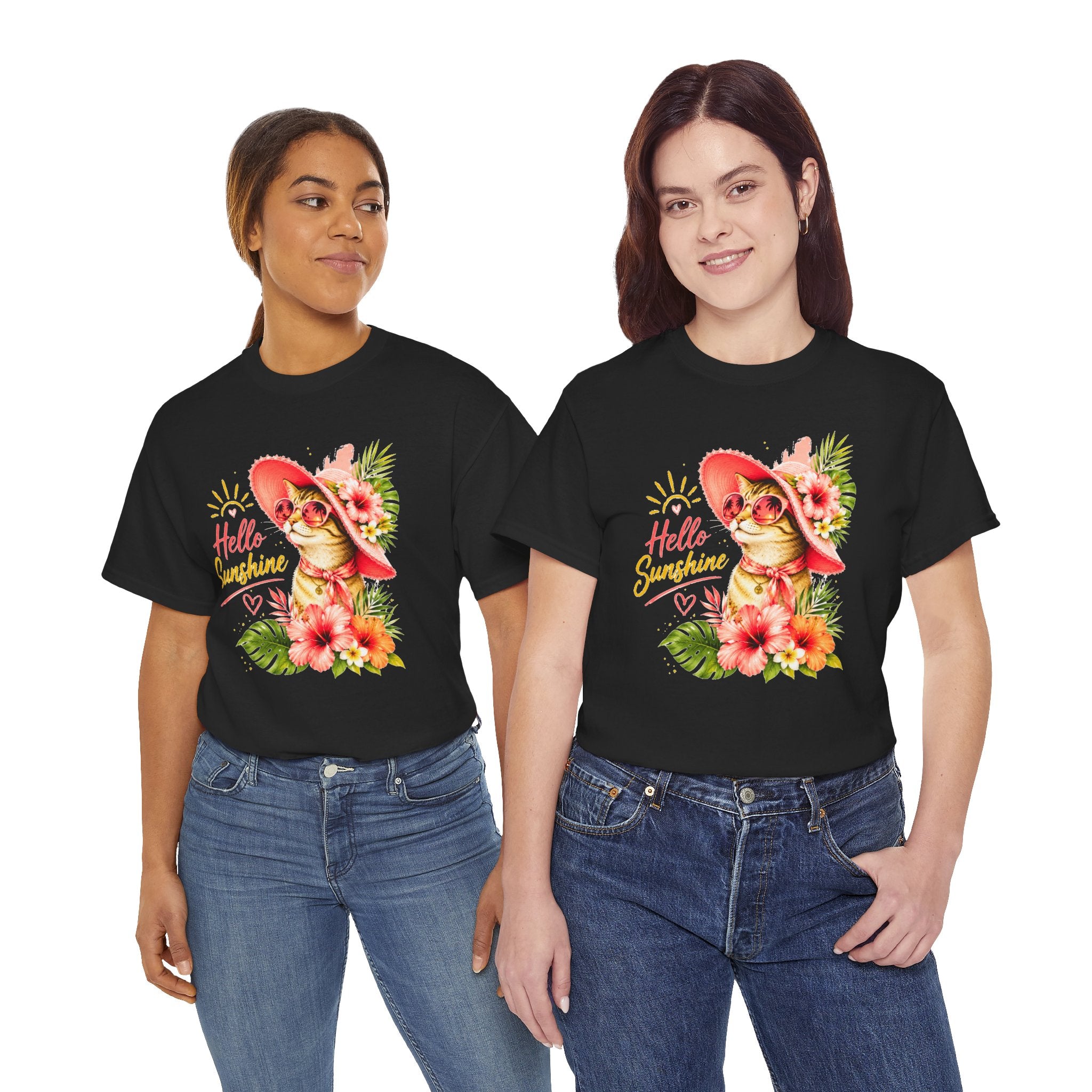 Hello Sunshine Cat Shirt | Cute Floral Cat T-Shirt | Tropical Summer Kitty Tee | Cat Lover Gift | Cute Women's Graphic Tee